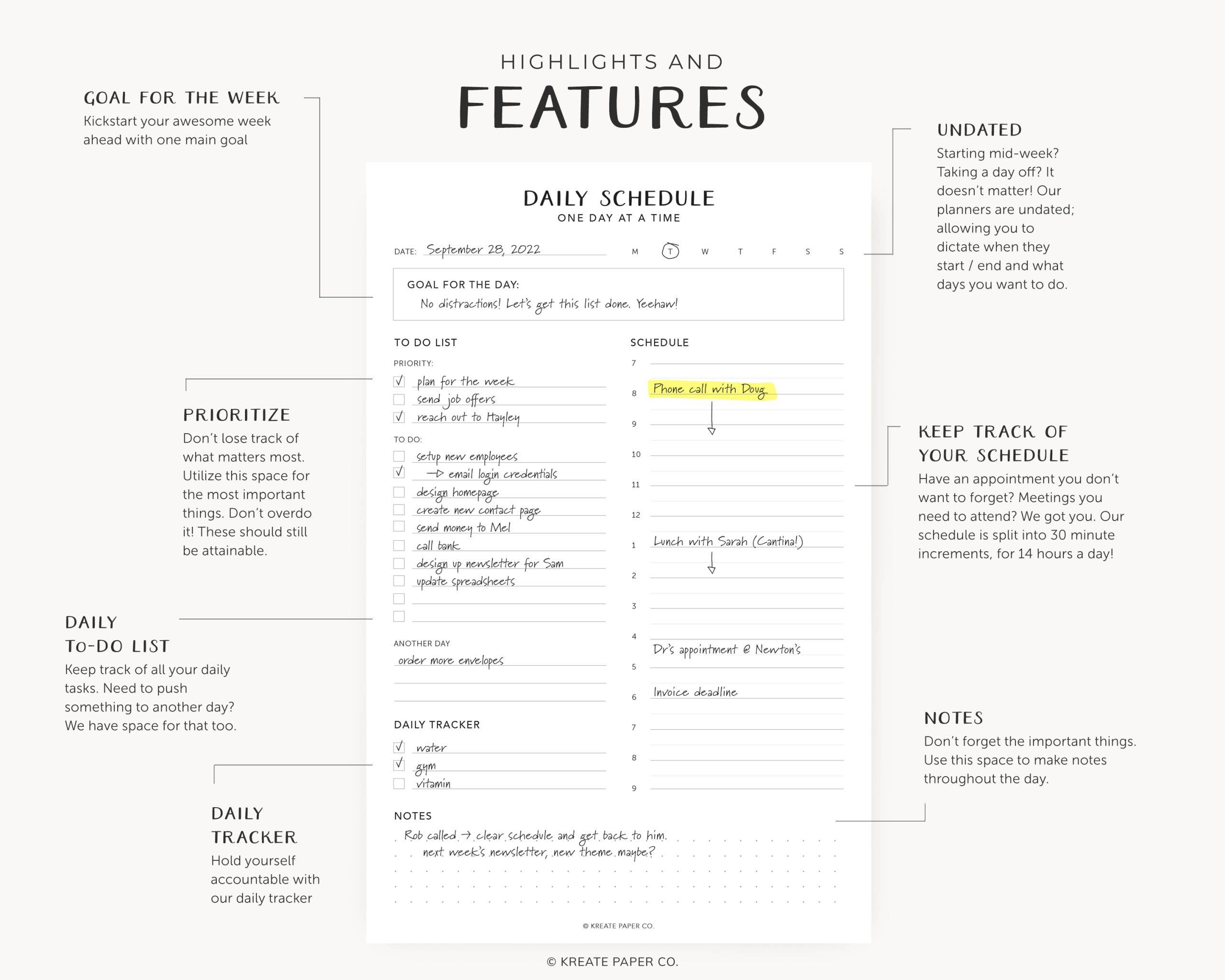 Daily schedule planner with various sections on a white background