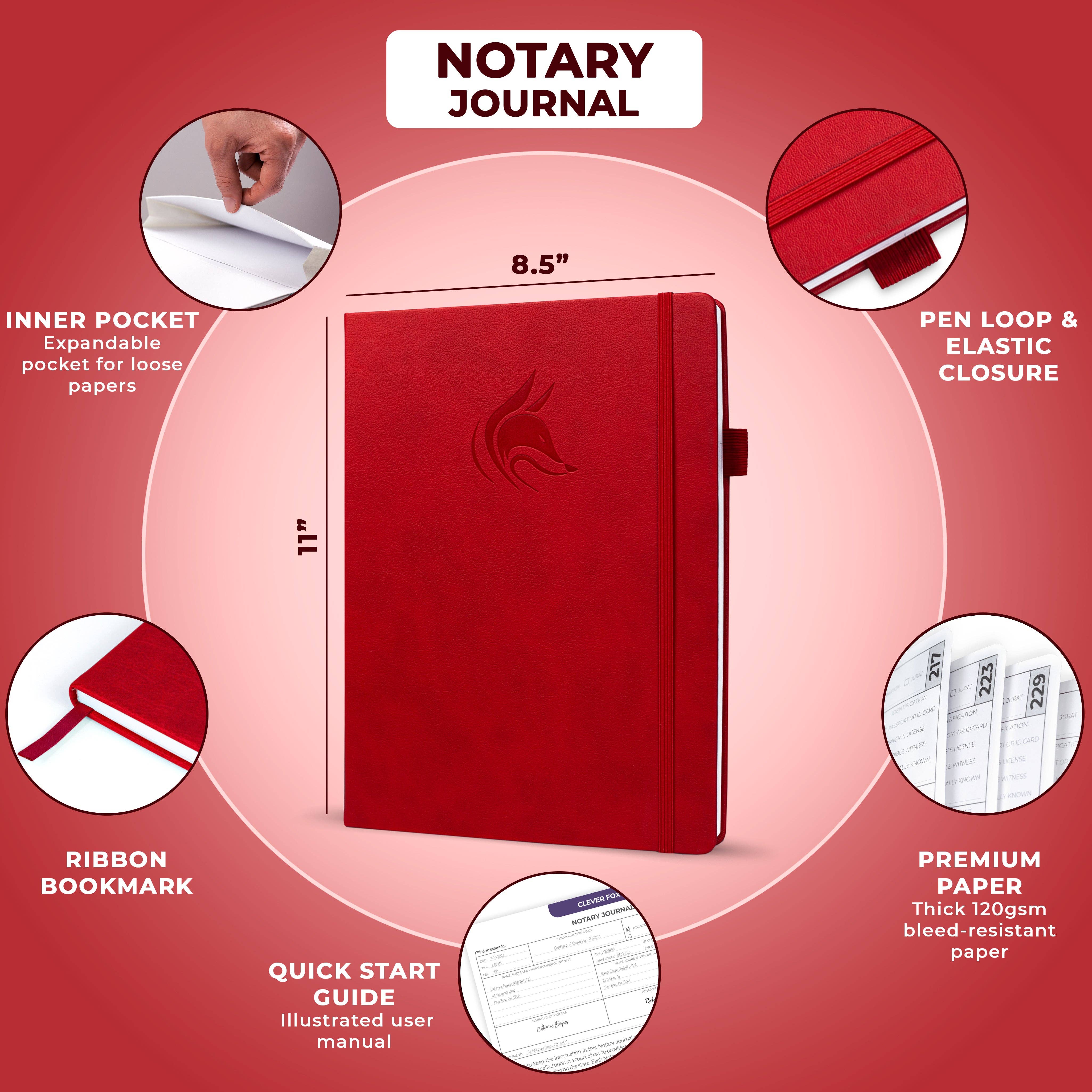 Red notary journal with dimension labels, surrounded by circular callout insets highlighting features such as an inner pocket, pen loop and elastic closure, ribbon bookmark, quick start guide, premium paper, and embossed logo on a pink gradient background.