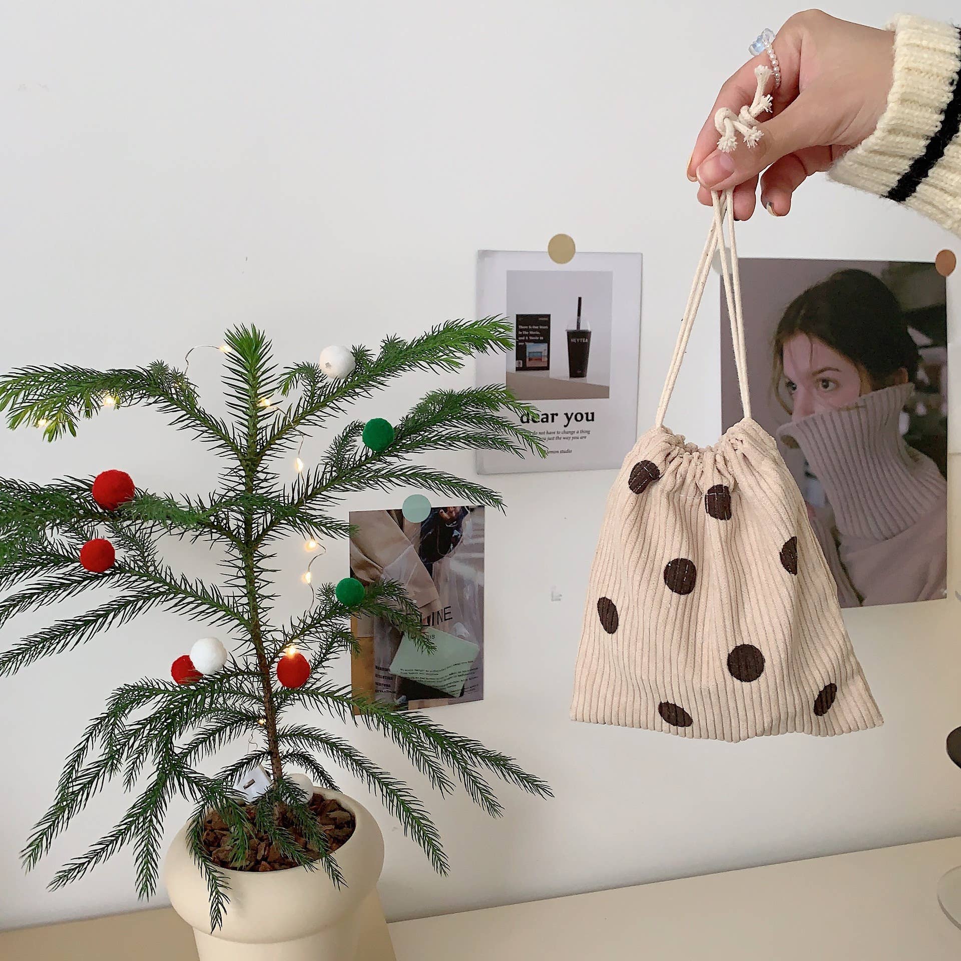 Beige drawstring bag with brown polka dots held by a hand next to a small potted plant with red and green ornaments.