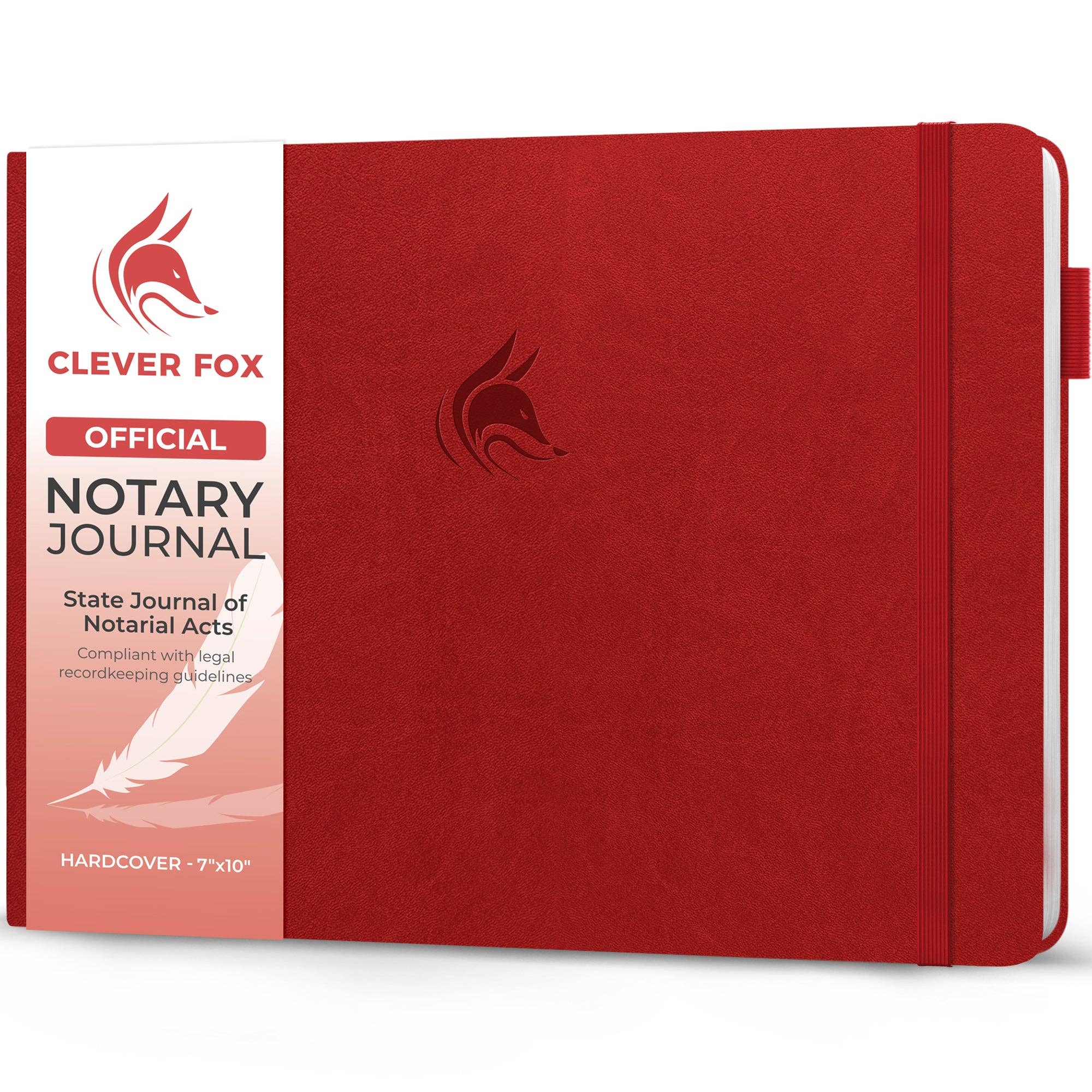 A red hardcover notary journal by Clever Fox, shown at a slight angle with its white branded paper sleeve attached on the left side. The cover features a debossed fox logo and the text 'OFFICIAL NOTARY JOURNAL' on the sleeve.