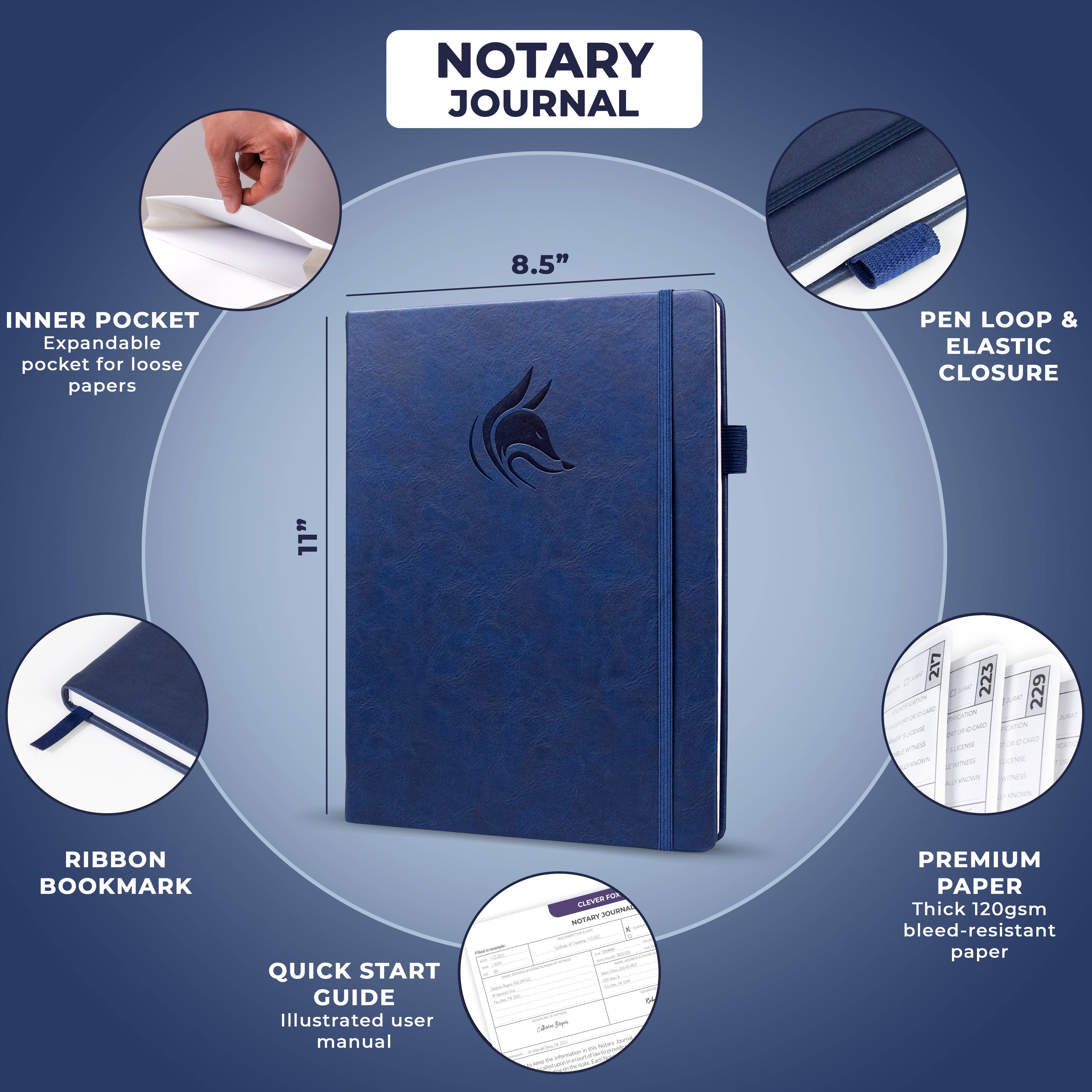 A navy blue notary journal shown on a blue graphic background with callout circles highlighting features such as an inner pocket, pen loop and elastic closure, ribbon bookmark, premium paper, quick start guide, and dimensions of 8.5 x 11 inches.