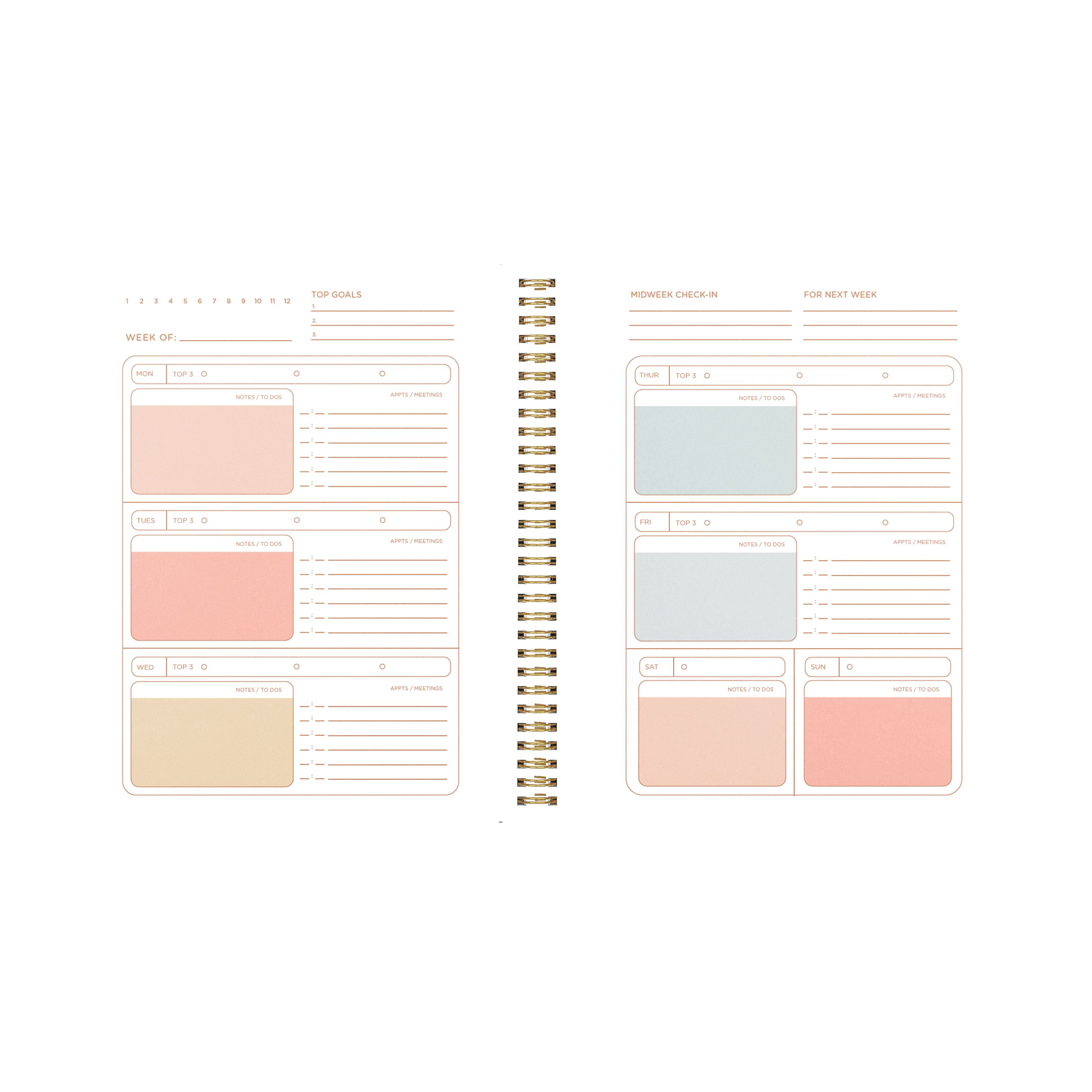 Spiral-bound planner with colorful pages on a white background