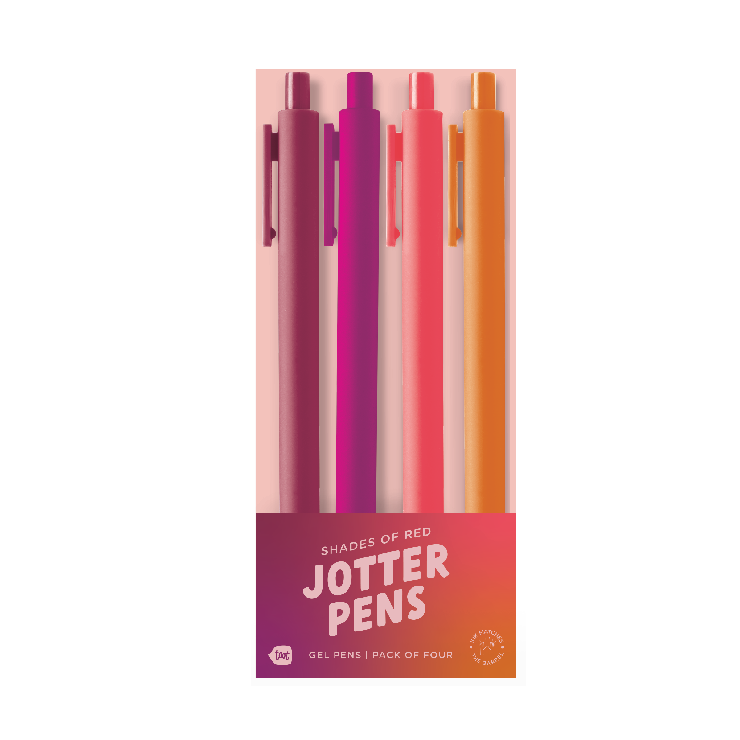 Pack of four jotter pens with shades of red in packaging on a white background