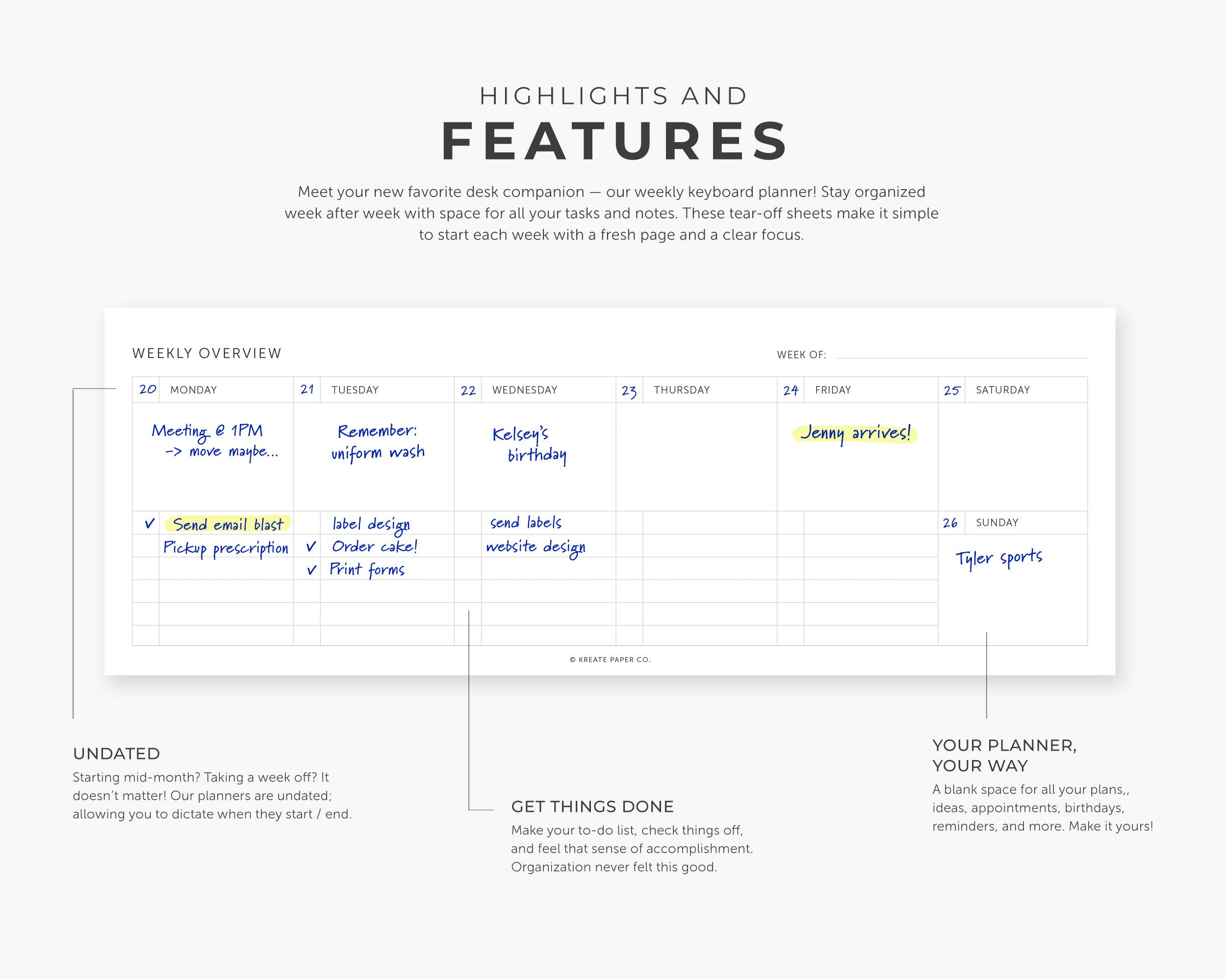 Weekly planner with highlighted tasks and features on a white background
