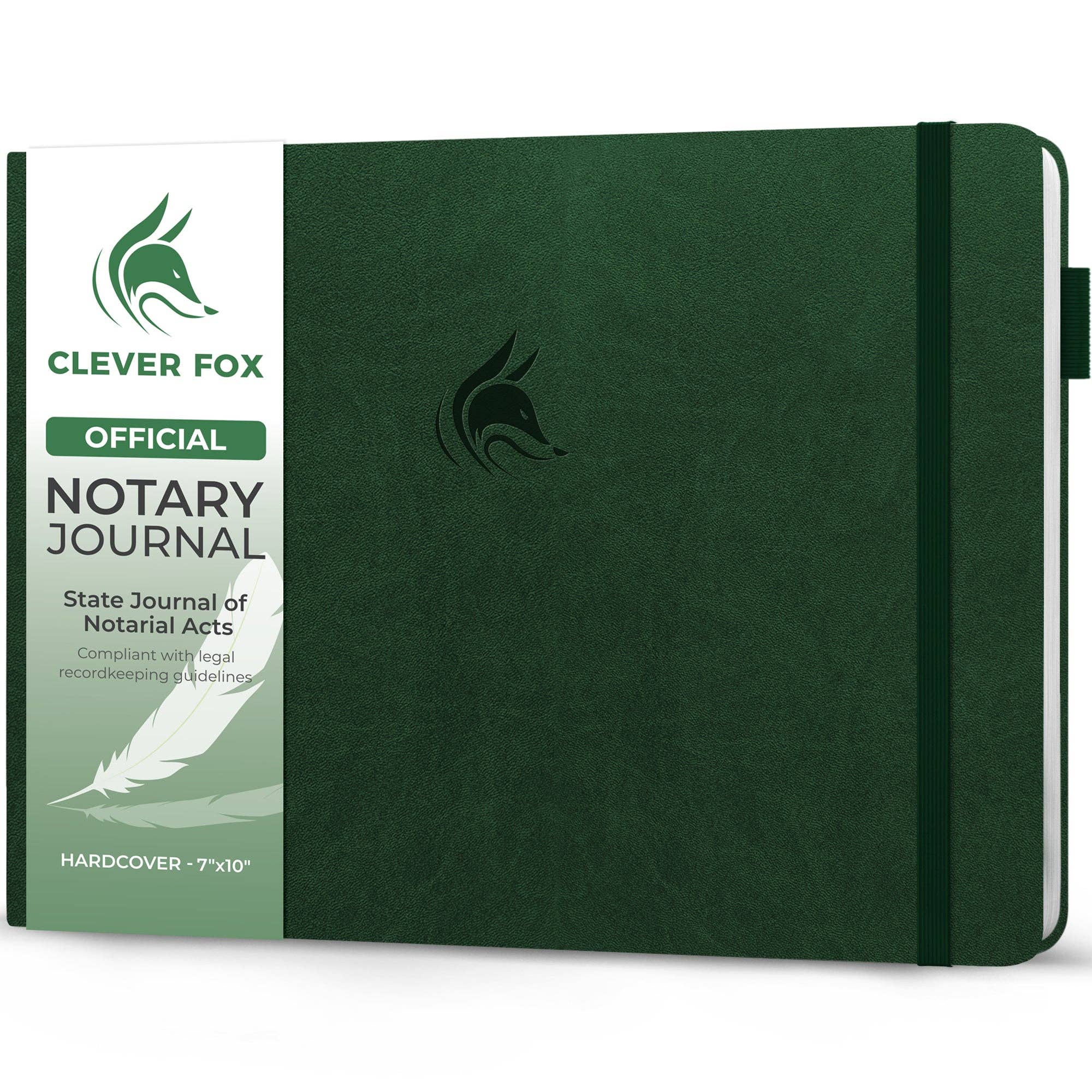 Clever Fox Official Notary Journal in dark forest green hardcover with a white and green product label on the left side, shown on a white background.