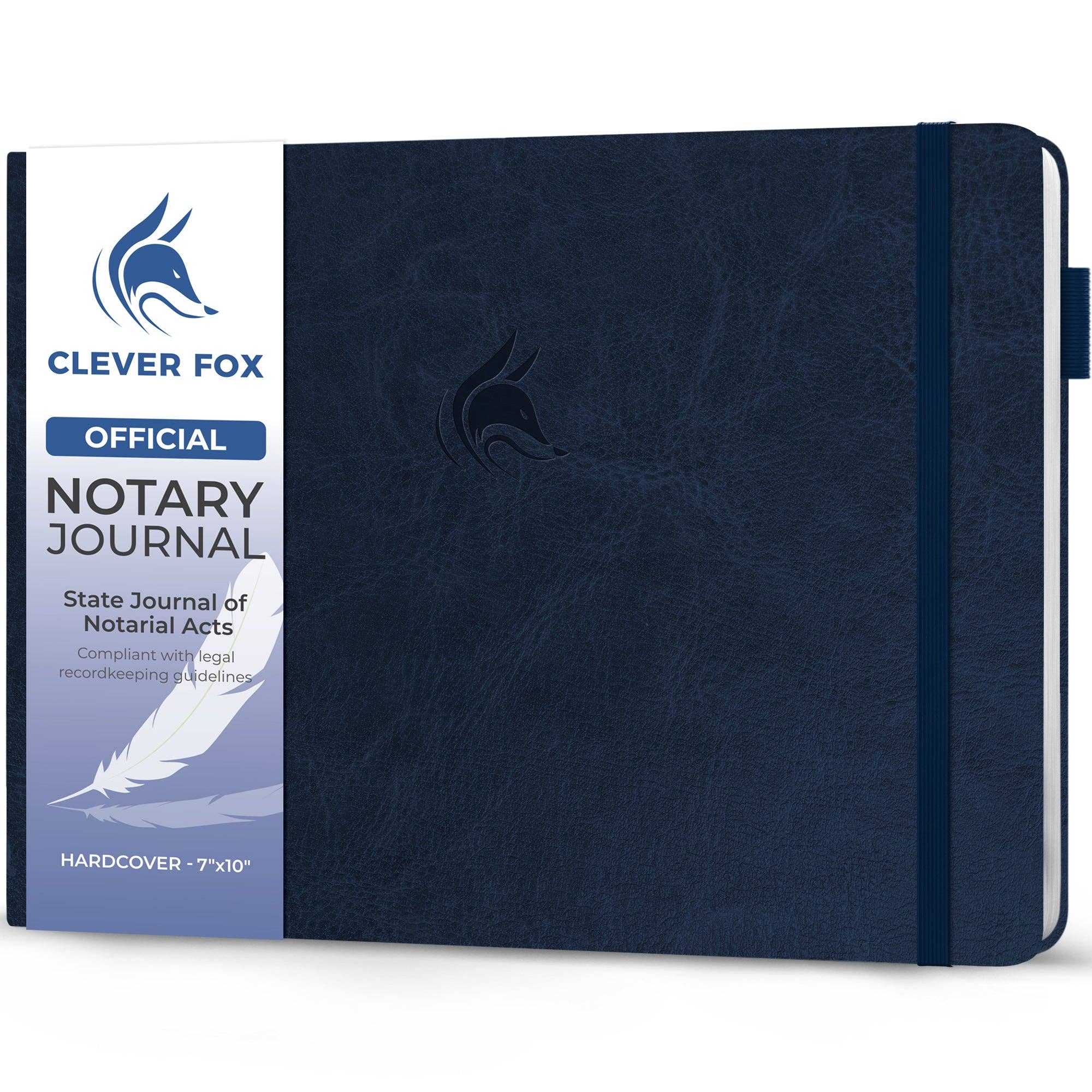 A navy blue hardcover notary journal by Clever Fox, shown closed with a white paper sleeve on the left side. The sleeve features the Clever Fox logo and text reading 'Official Notary Journal' and 'HARDCOVER - 7"x10"'.
