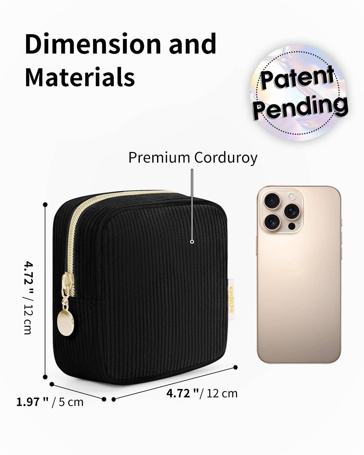 Black corduroy pouch with dimensions and materials details, next to a gold phone.