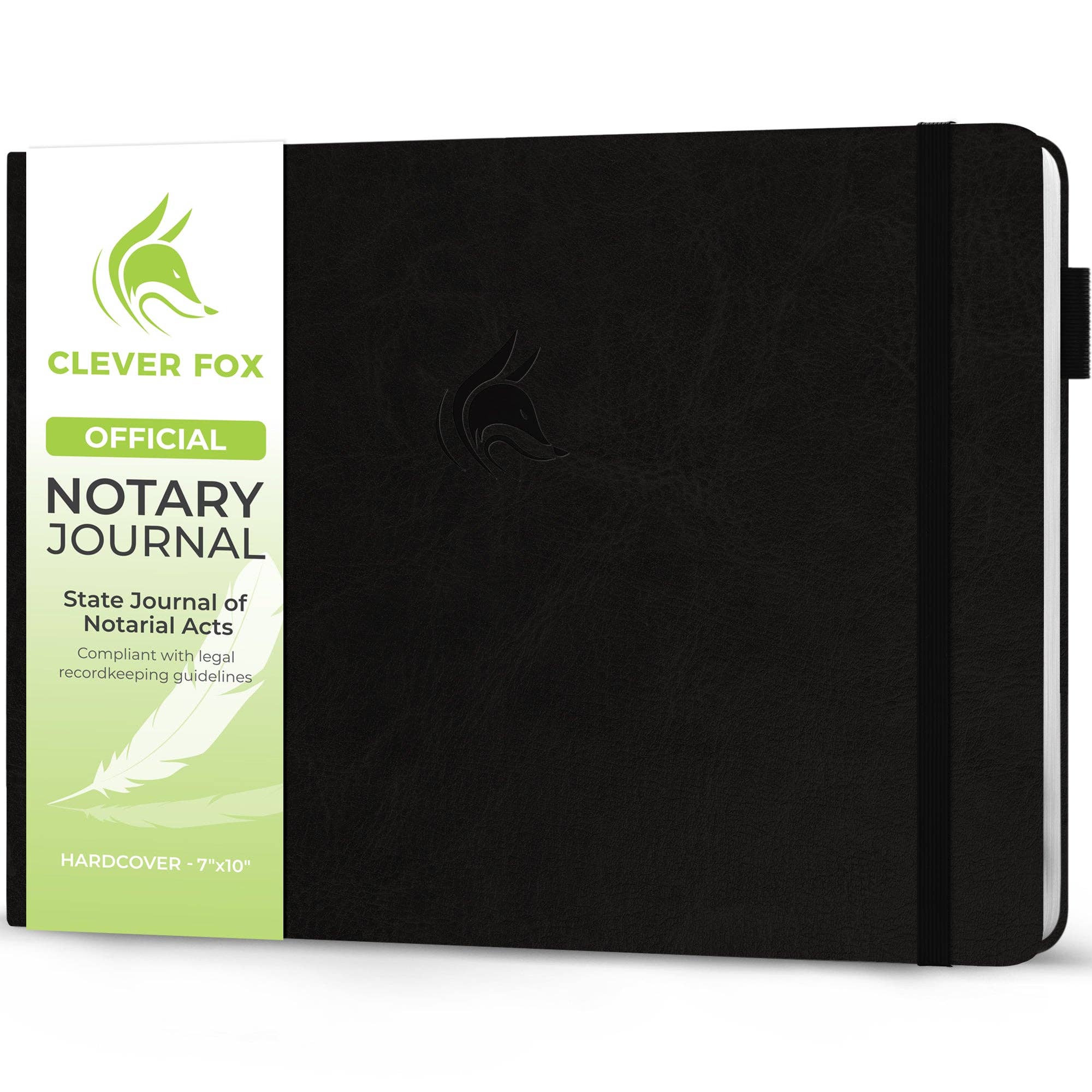 Clever Fox Official Notary Journal in black textured hardcover with a white and green product label on the left side, shown on a white background.