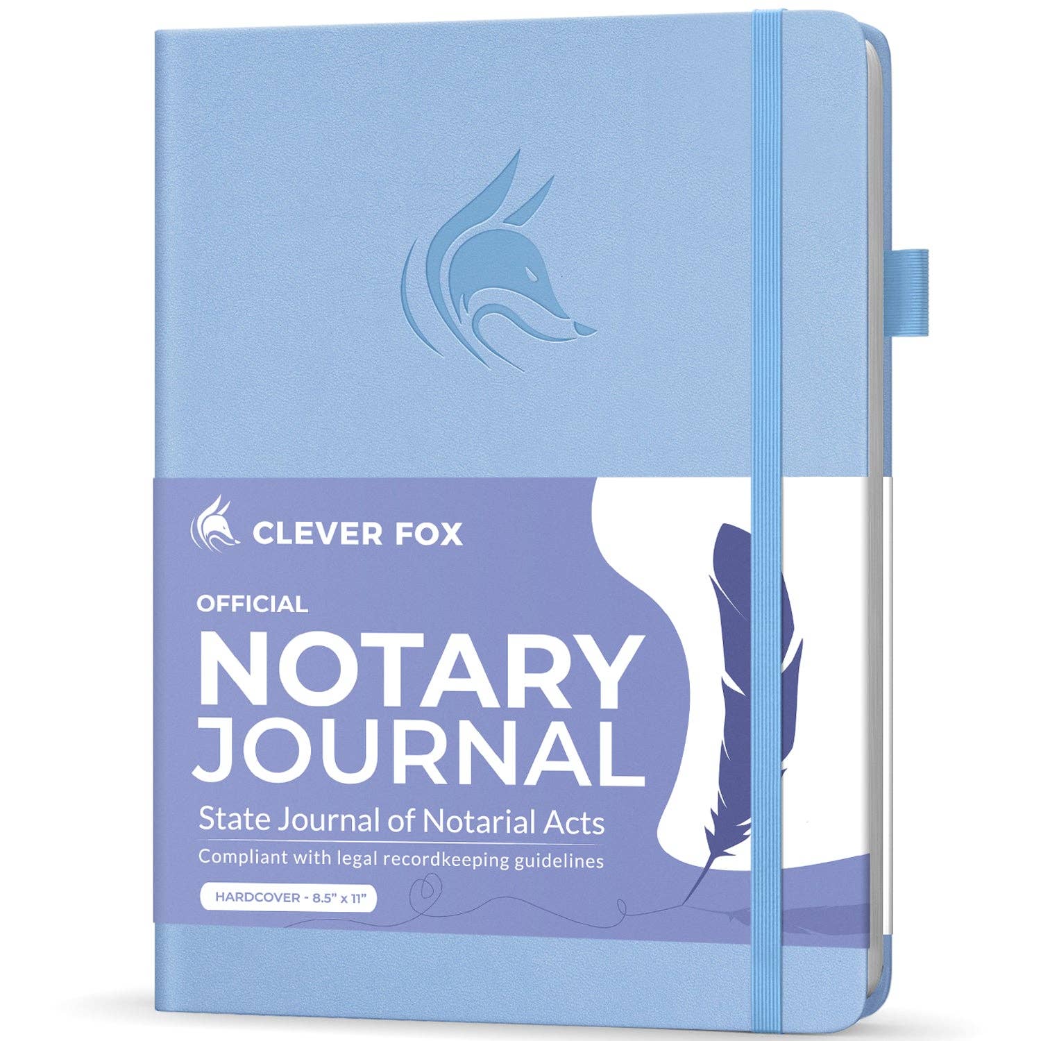 A light blue hardcover notary journal by Clever Fox, featuring a purple-and-white front label with the text 'Official Notary Journal' and a blue elastic closure band.