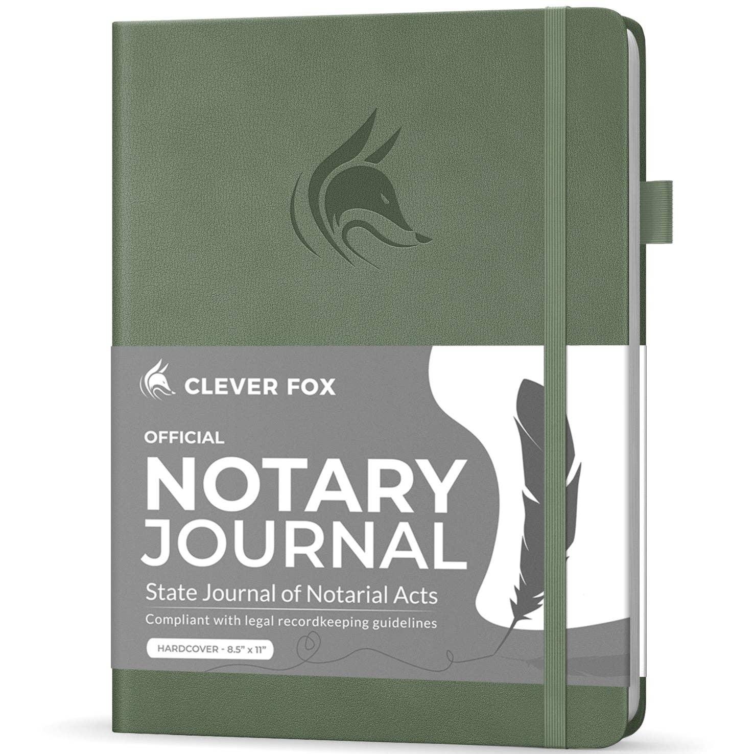 Clever Fox Official Notary Journal in a hardcover format, featuring an olive green cover with a black fox head logo and a gray and white paper band around the middle.