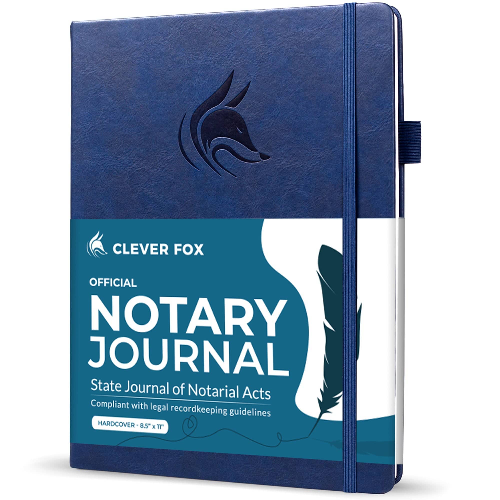 A navy blue hardcover notary journal with an elastic closure band, featuring a debossed fox logo and a teal-and-white front cover label that reads 'CLEVER FOX OFFICIAL NOTARY JOURNAL'.