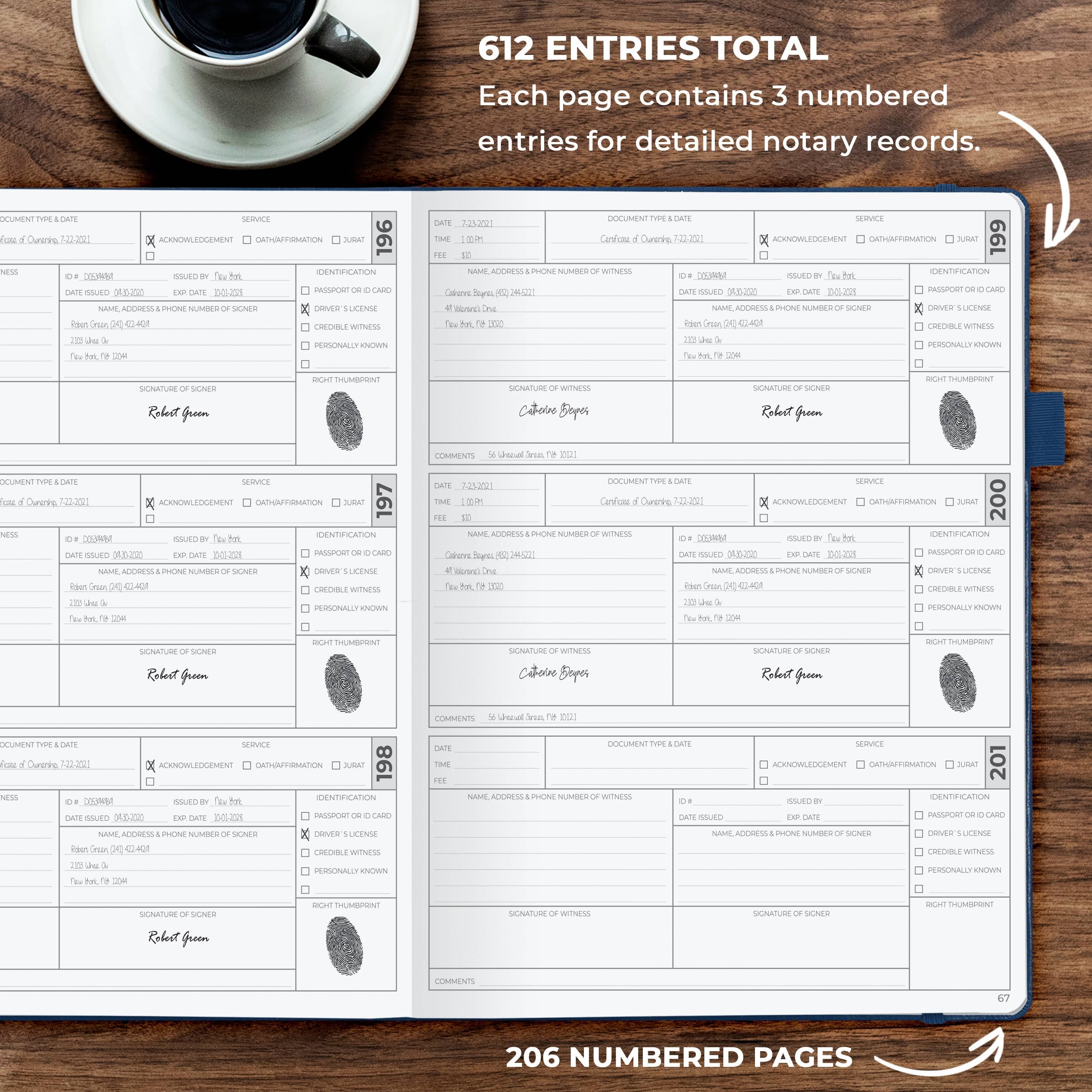 An open notepad planner shown on a wooden tabletop with a coffee cup at the top. The pages are white with black printed form fields, checkboxes, and fingerprint icons.