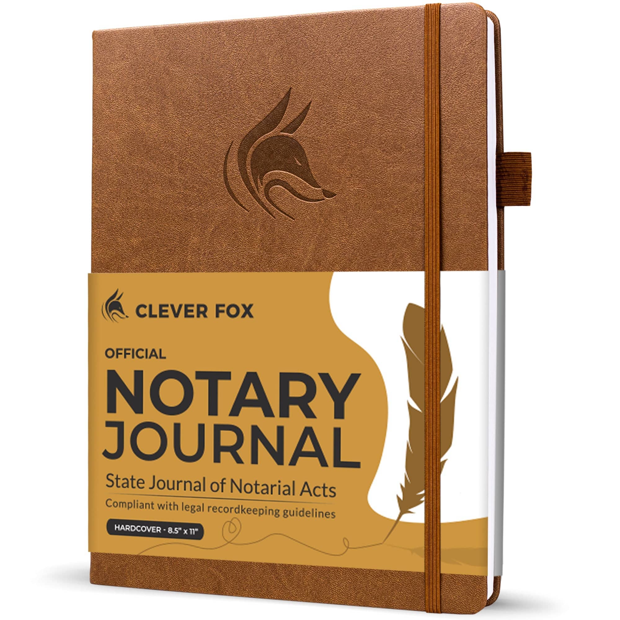 A brown faux-leather notary journal with an elastic closure band and a paper bookmark, featuring a printed cover that reads 'CLEVER FOX OFFICIAL NOTARY JOURNAL' with a feather graphic.