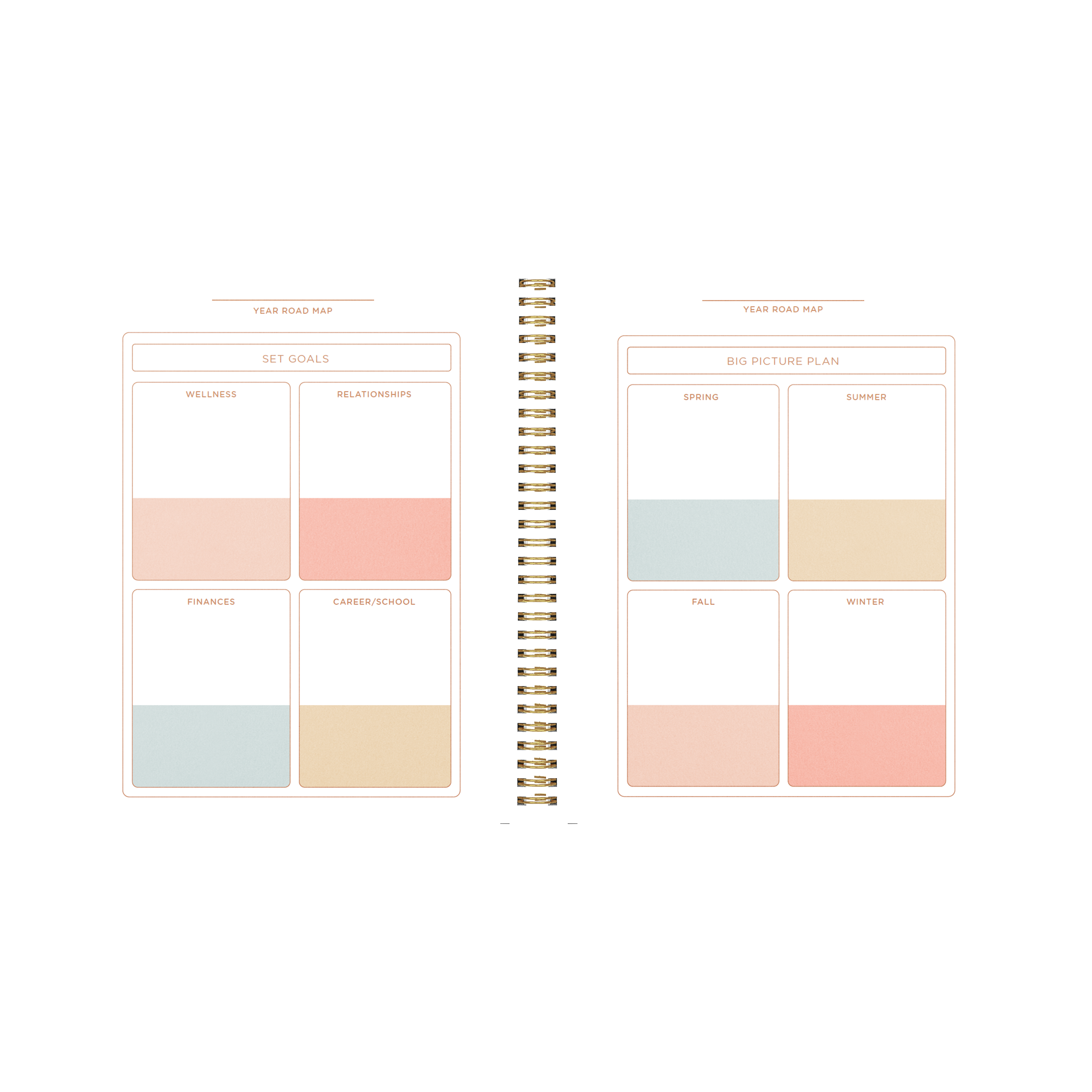 Spiral-bound planner with colorful sticky notes on a white background