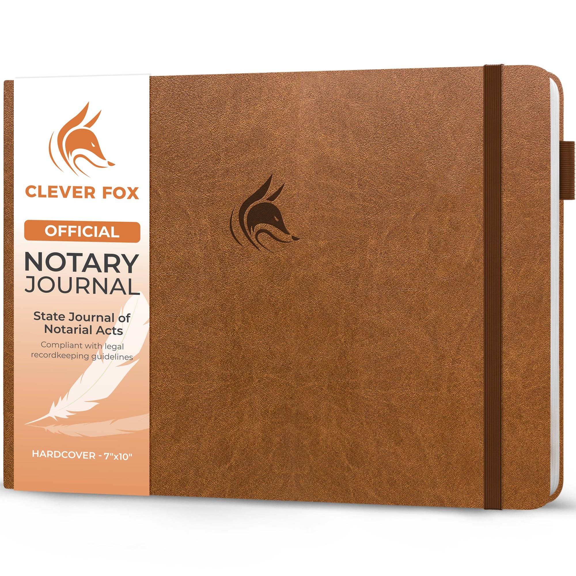 Clever Fox Official Notary Journal in brown faux-leather hardcover, featuring a white and orange brand label on the left side and a black fox logo embossed on the cover.