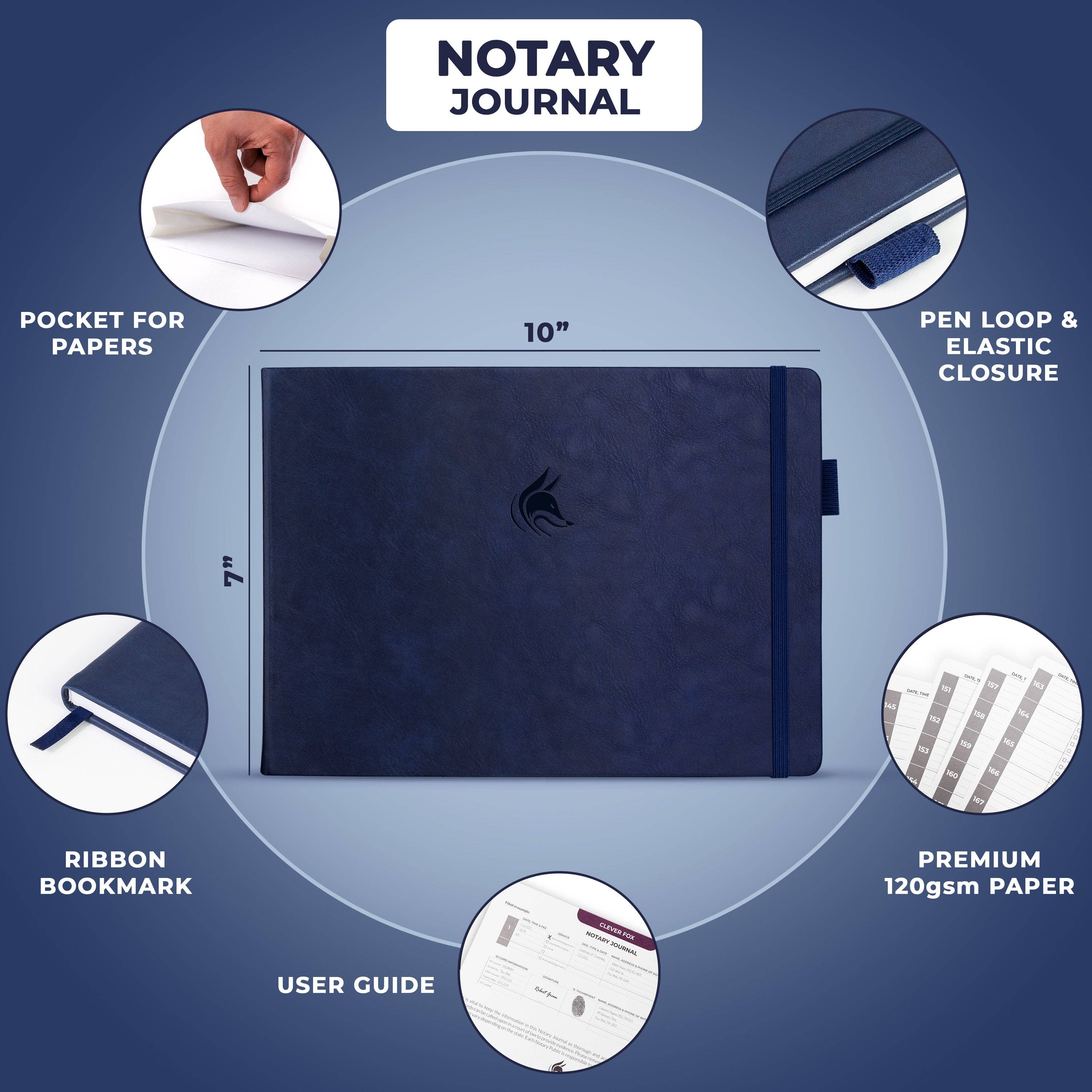 A navy blue notary journal shown on a blue gradient background with feature callout circles and text highlighting paper pocket, elastic closure, ribbon bookmark, premium 120gsm paper, and user guide.