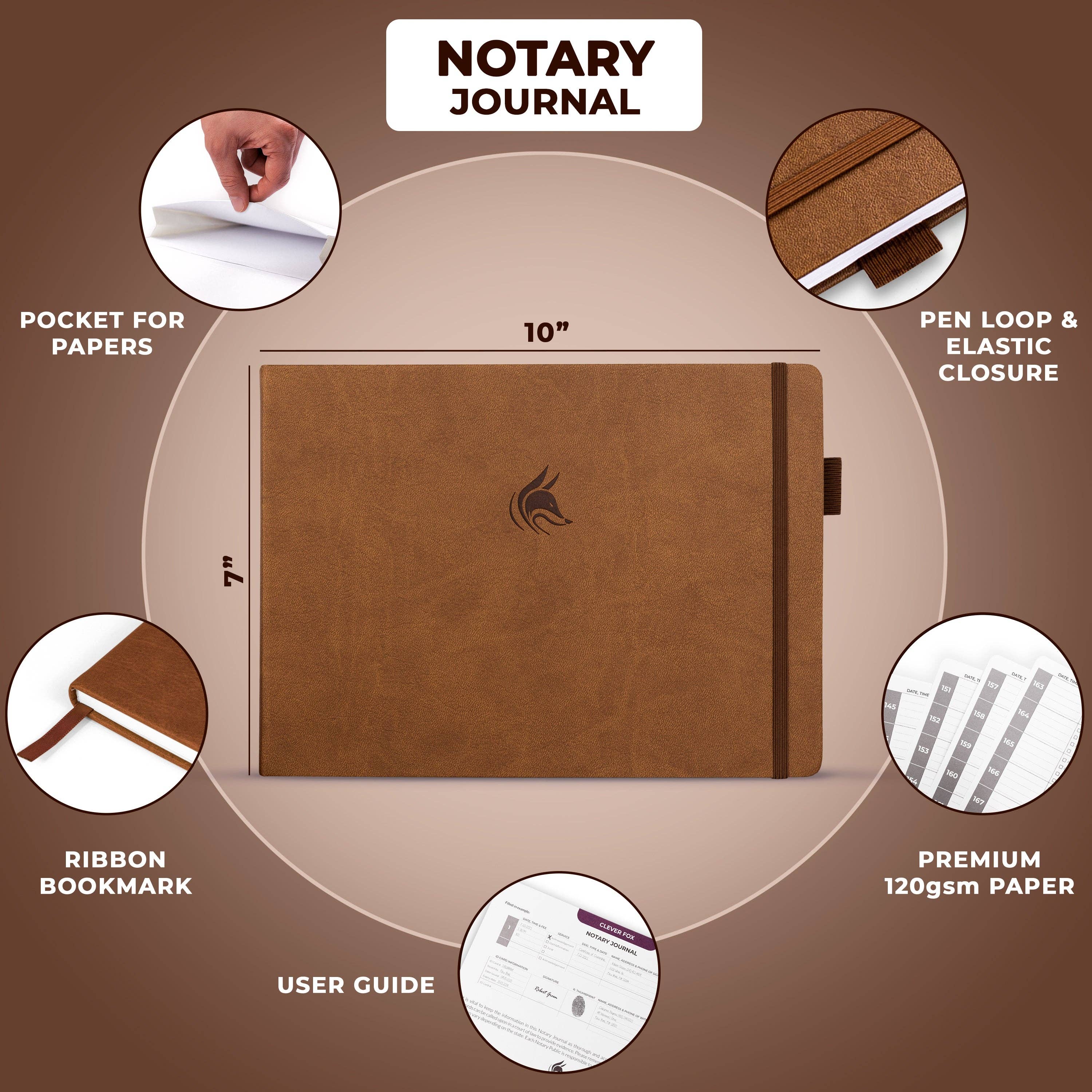 A brown leather notary journal centered on a brown gradient background with callout circles and text highlighting features such as a paper pocket, pen loop and elastic closure, ribbon bookmark, premium 120gsm paper, and user guide.