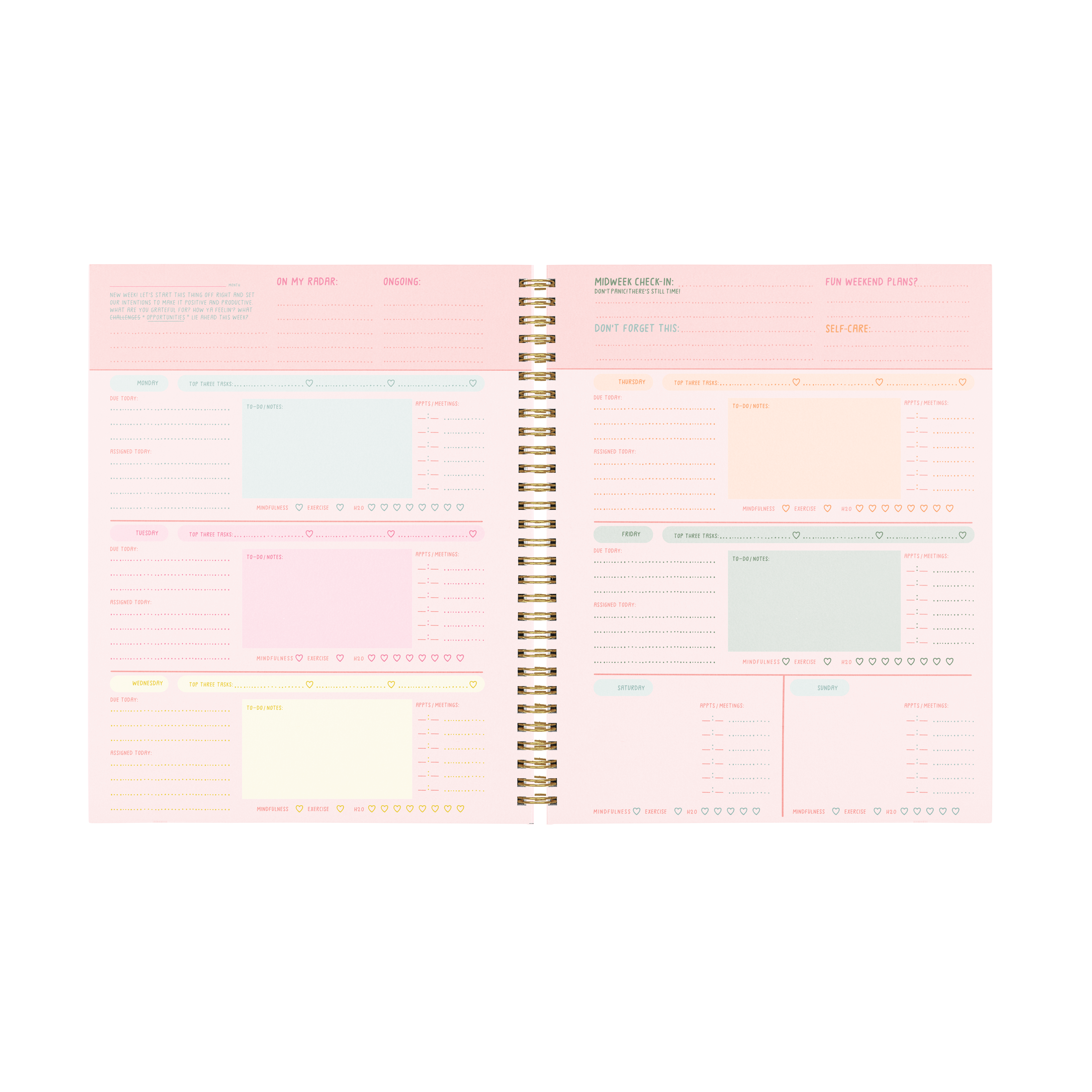 Open planner with pink cover and gold spiral binding on a white background