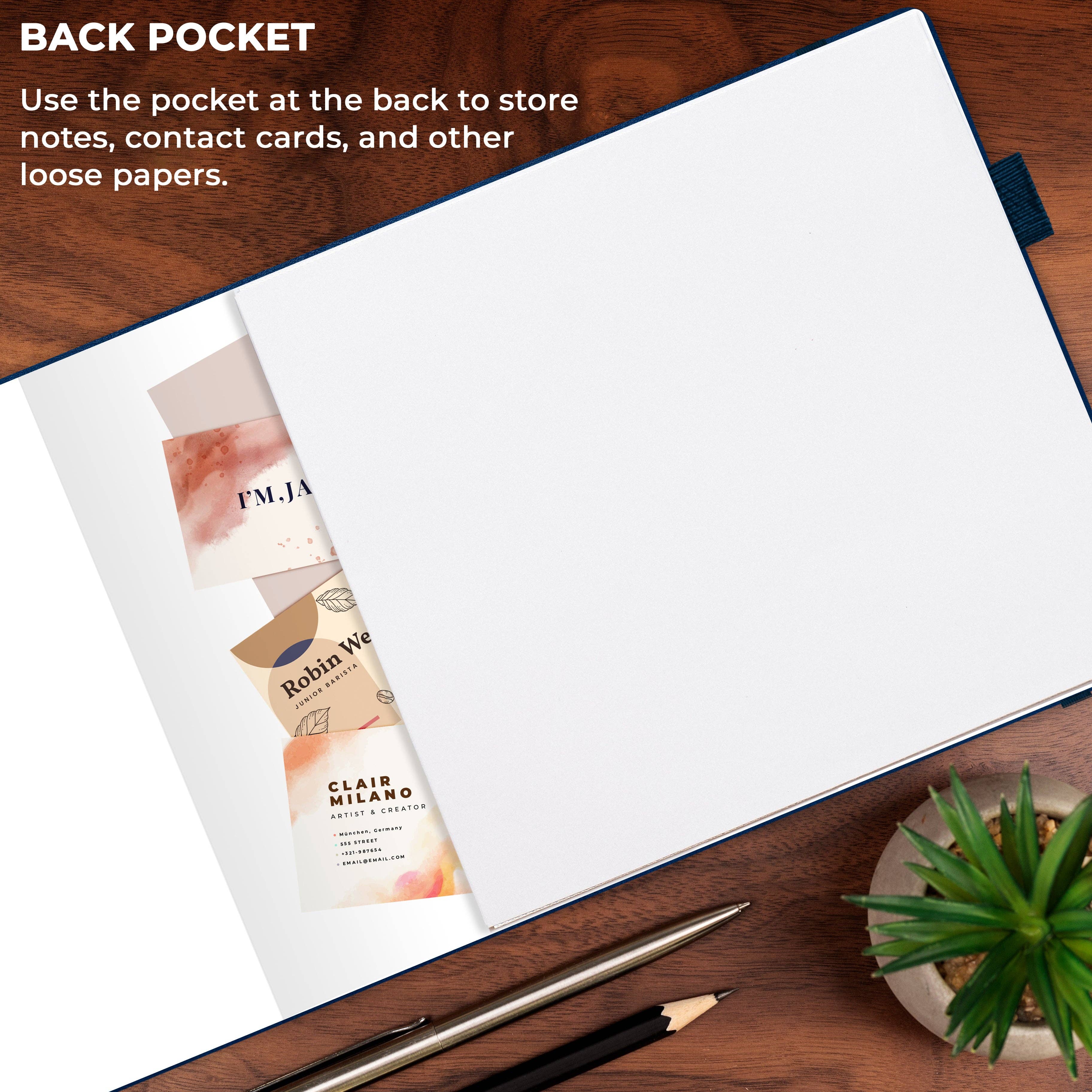An open notebook or planner on a wooden desk with a small succulent and pencils. White text at the top reads 'BACK POCKET Use the pocket at the back to store notes, contact cards, and other loose papers.
