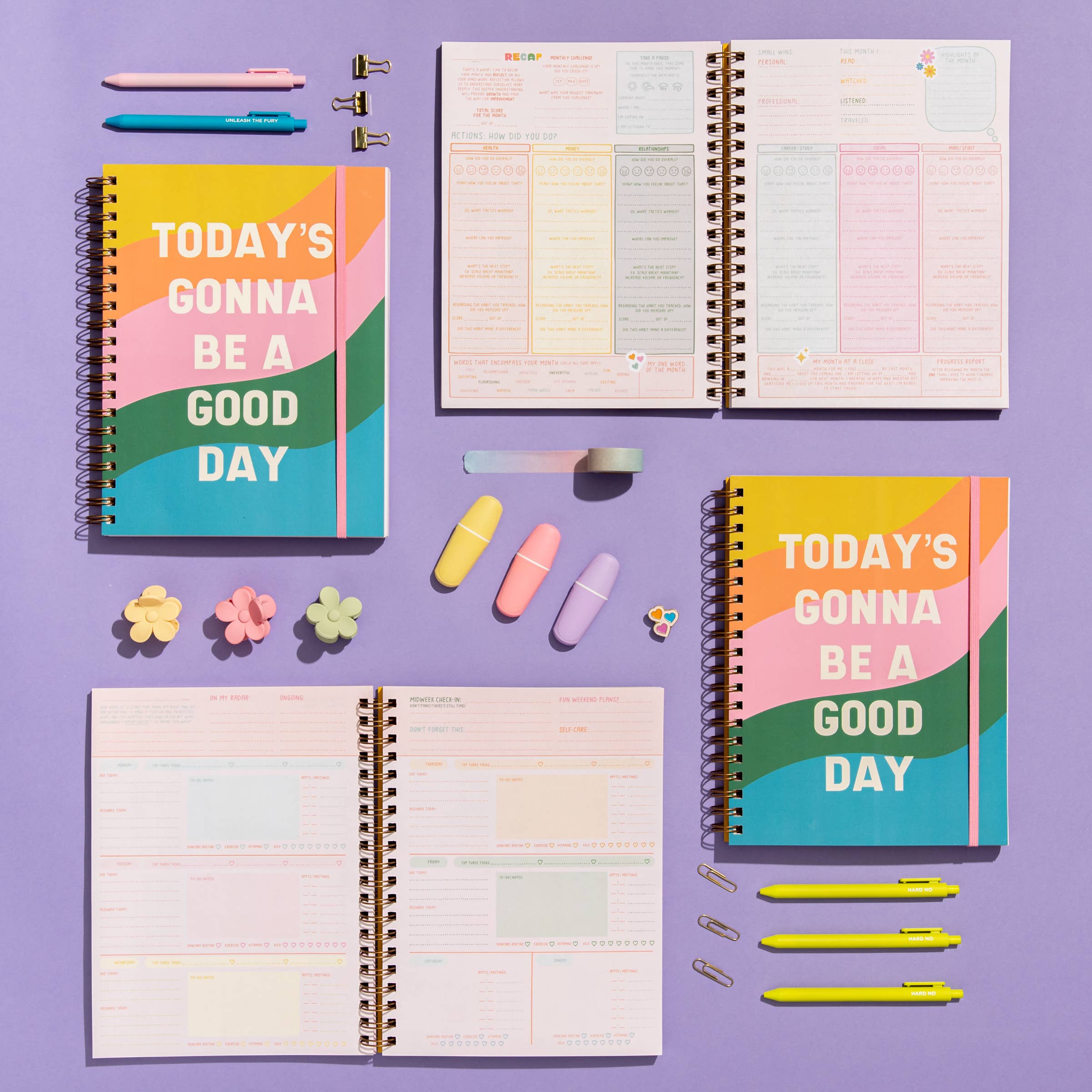 Colorful planner with 'Today's Gonna Be a Good Day' design on a purple background