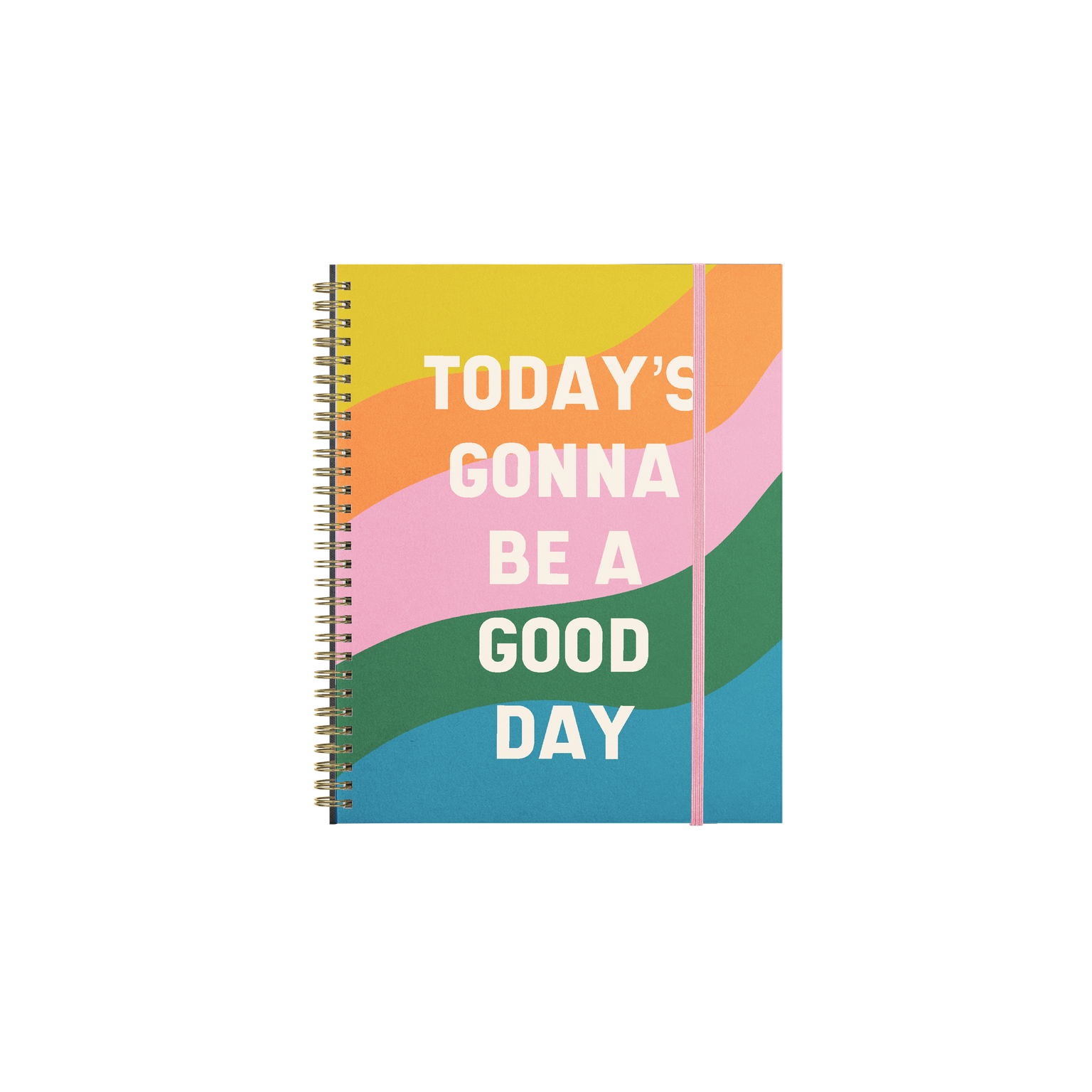 Notebook with colorful design and text 'Today's gonna be a good day' on a white background