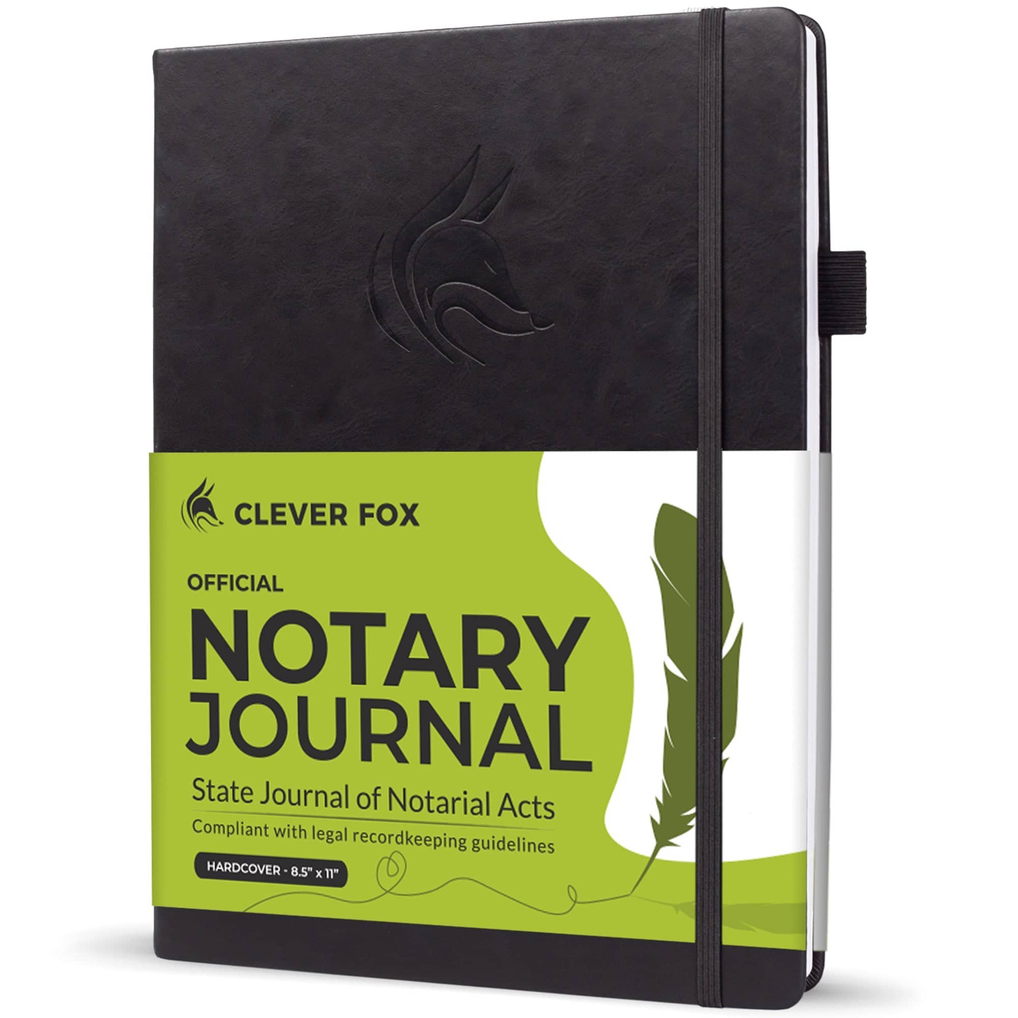 A black hardcover notary journal with an elastic closure band, featuring a bright green and white paper label on the front cover that reads 'CLEVER FOX OFFICIAL NOTARY JOURNAL'.