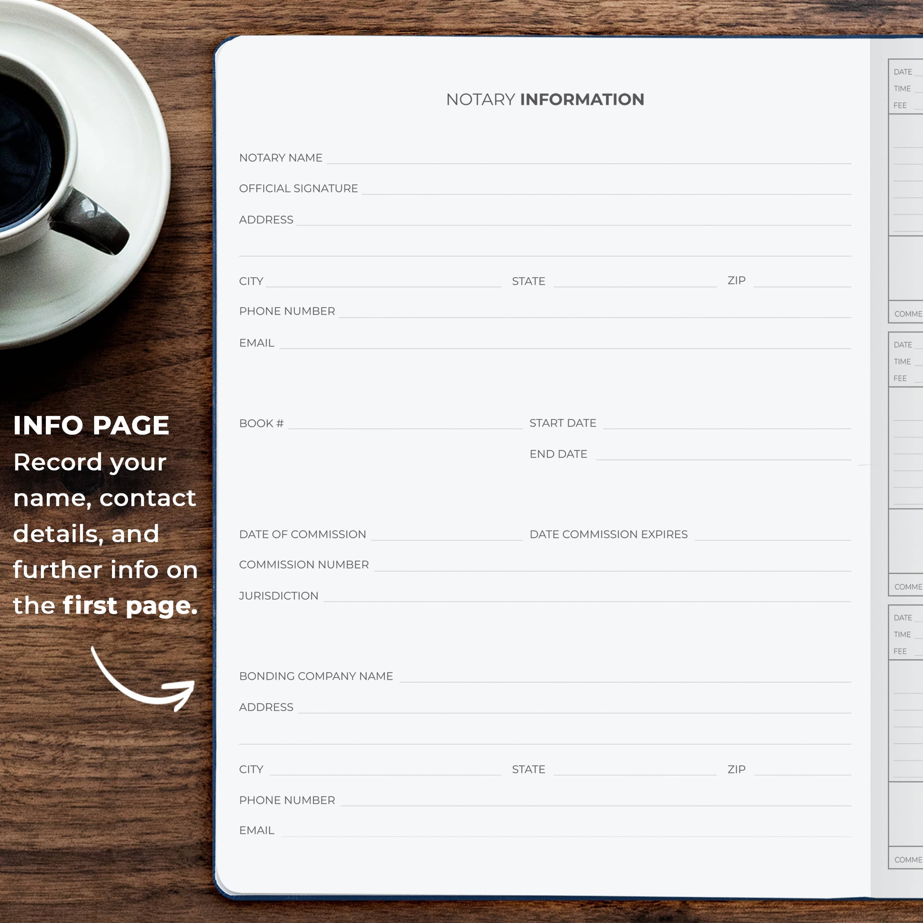 A white notary information page printed in a notebook on a dark wood desk, with a cup of coffee on a saucer at the top left and an informational callout on the left.