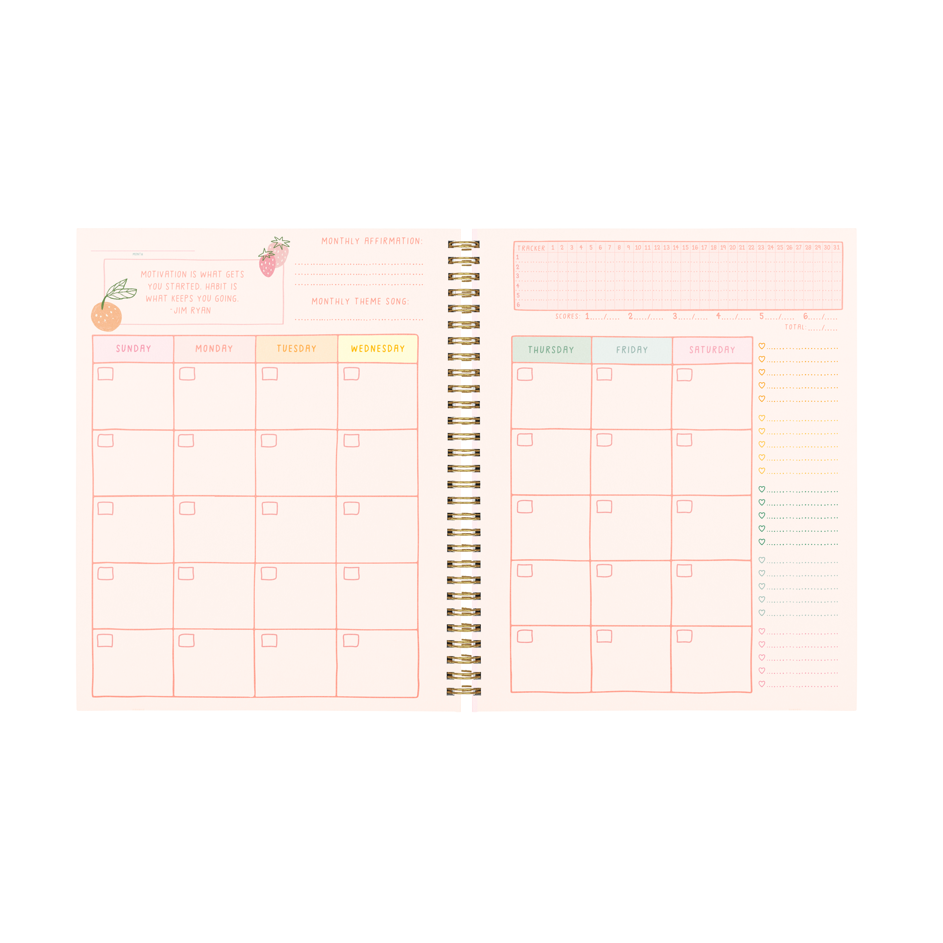 Open spiral-bound planner with monthly and weekly grid layout on a white background