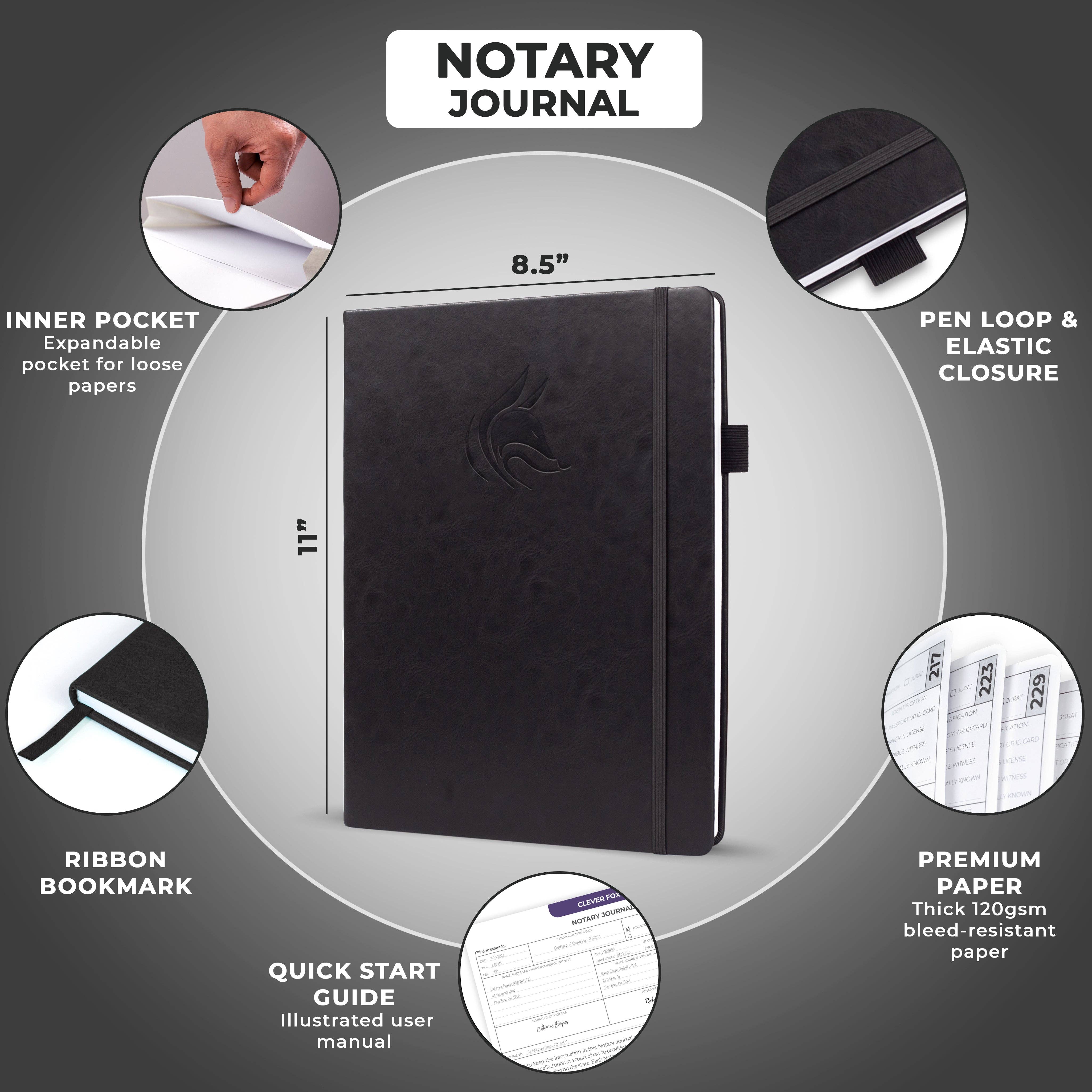 A black notary journal shown on a dark gray background with feature callouts and dimension labels. The central product is a slim hardcover journal with a debossed logo, surrounded by circular inset images highlighting features such as inner pockets, pen loop and elastic closure, ribbon bookmark, premium paper, quick start guide, and measurement details.