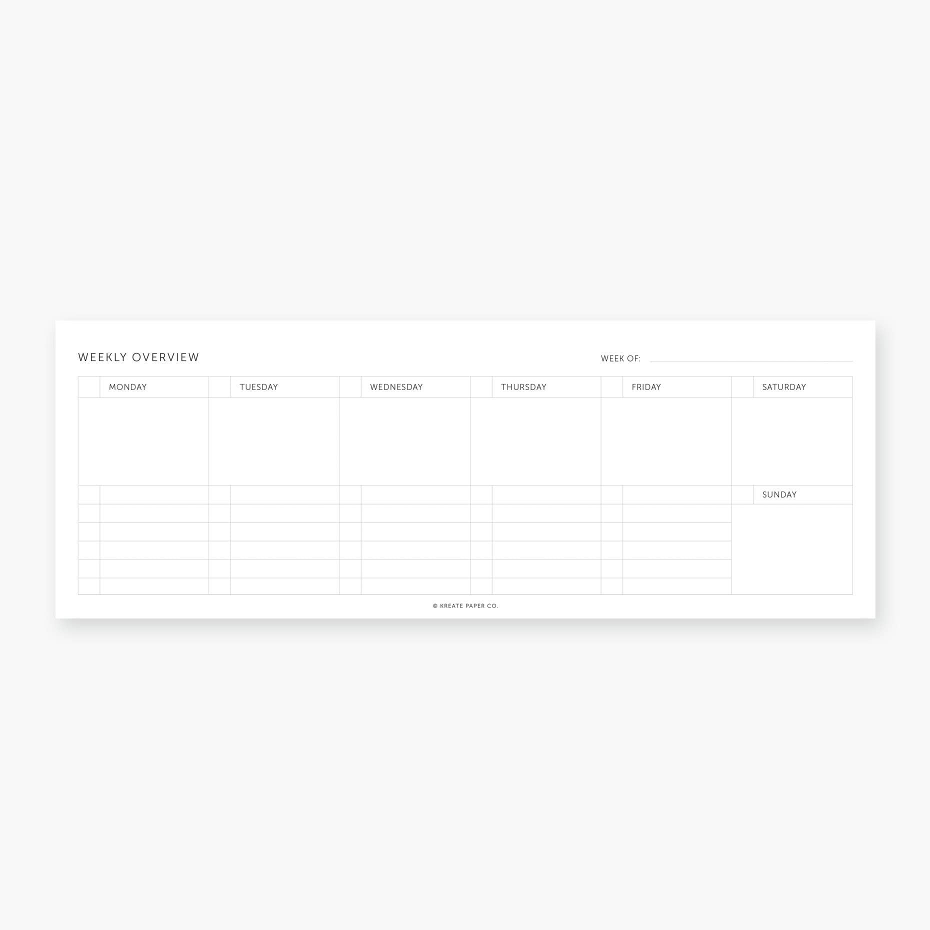 Weekly overview planner sheet with days of the week on a white background
