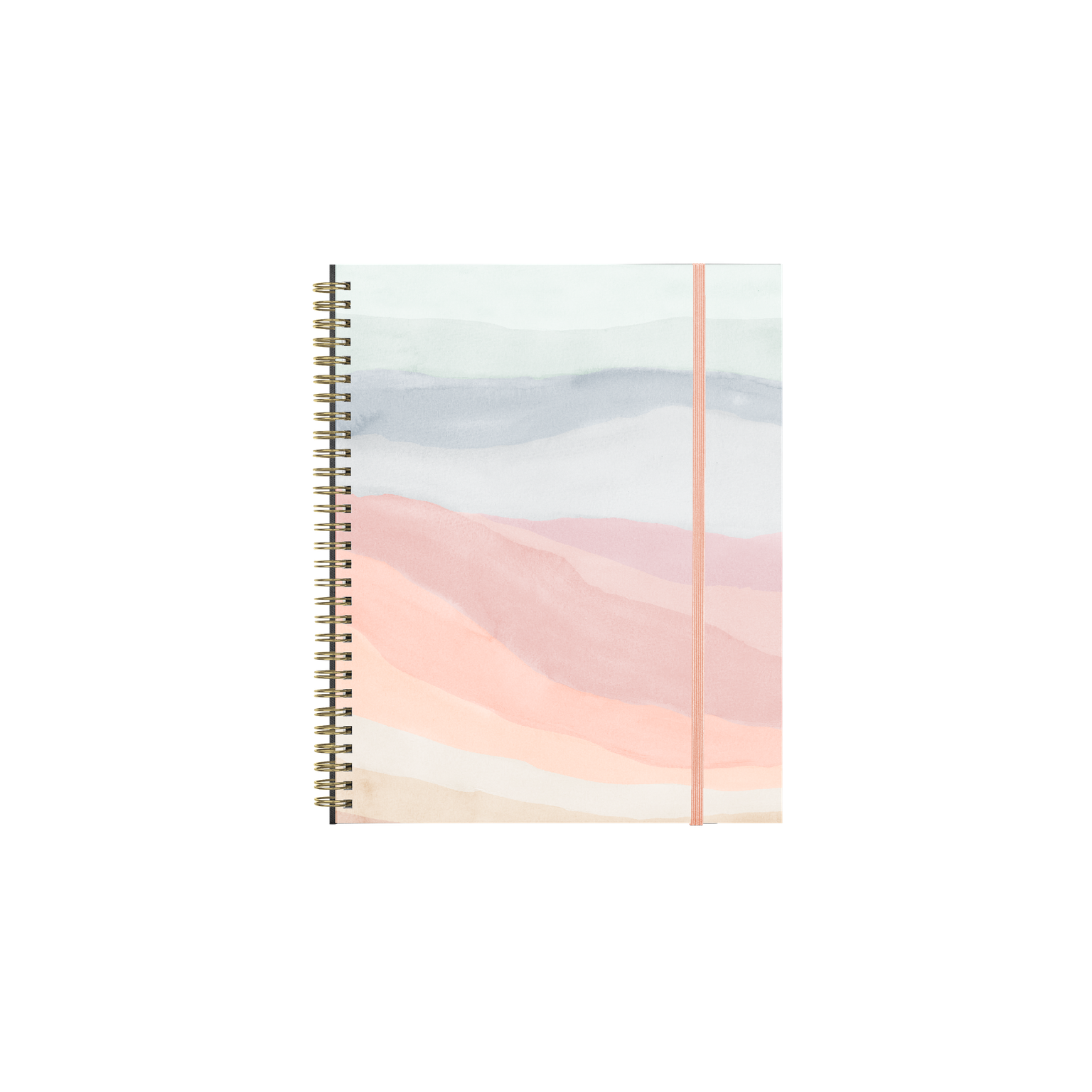 Notebook with a spiral binding and a cover featuring a landscape design on a white background