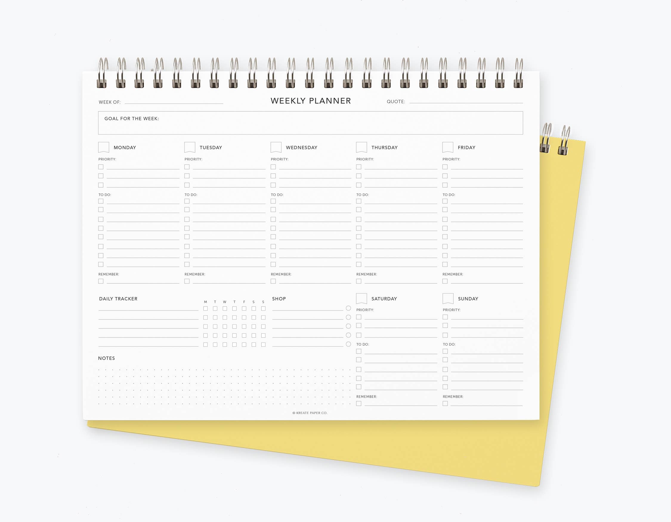 Weekly planner with yellow back on a white background