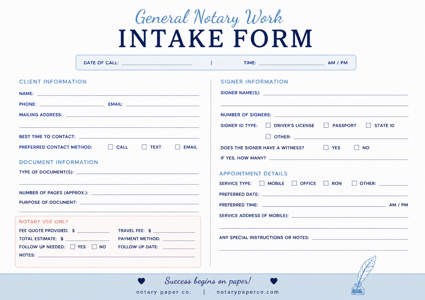 General Notary Work Intake Form (50 Pages | 7" x 5")