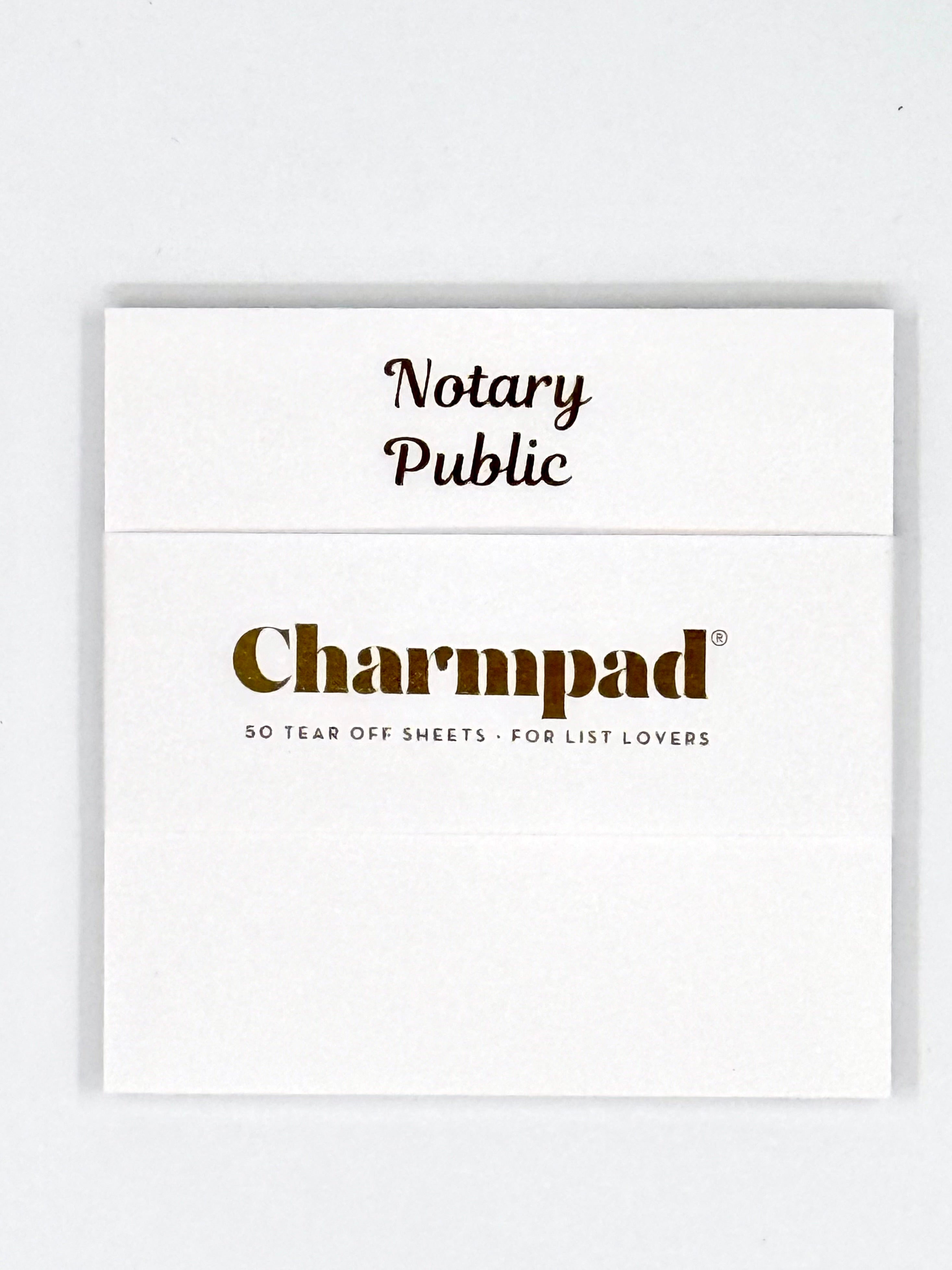 Notary Public Charmpad product packaging on a white background