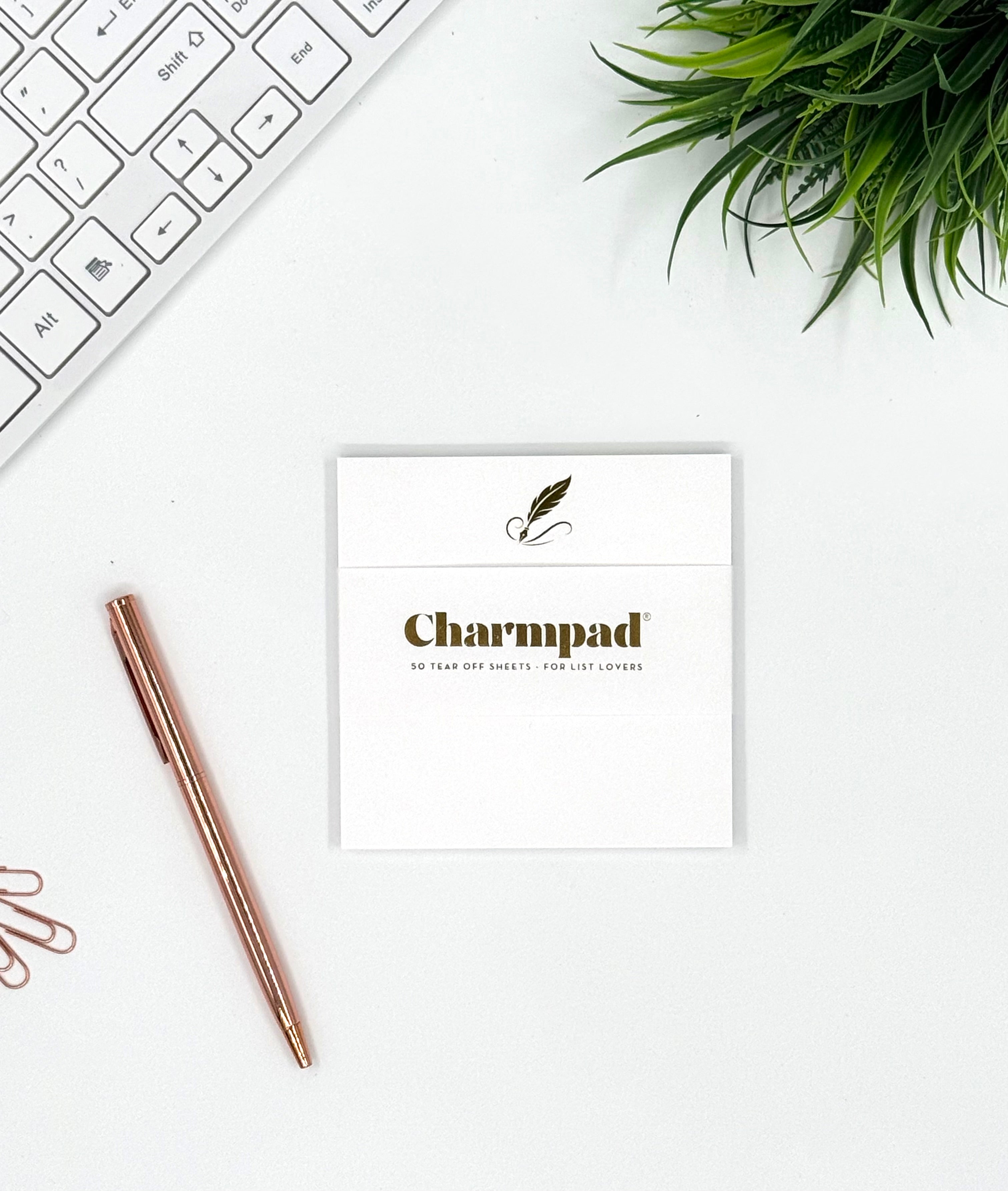 Charmpad card on a white surface with a keyboard and plant in the background