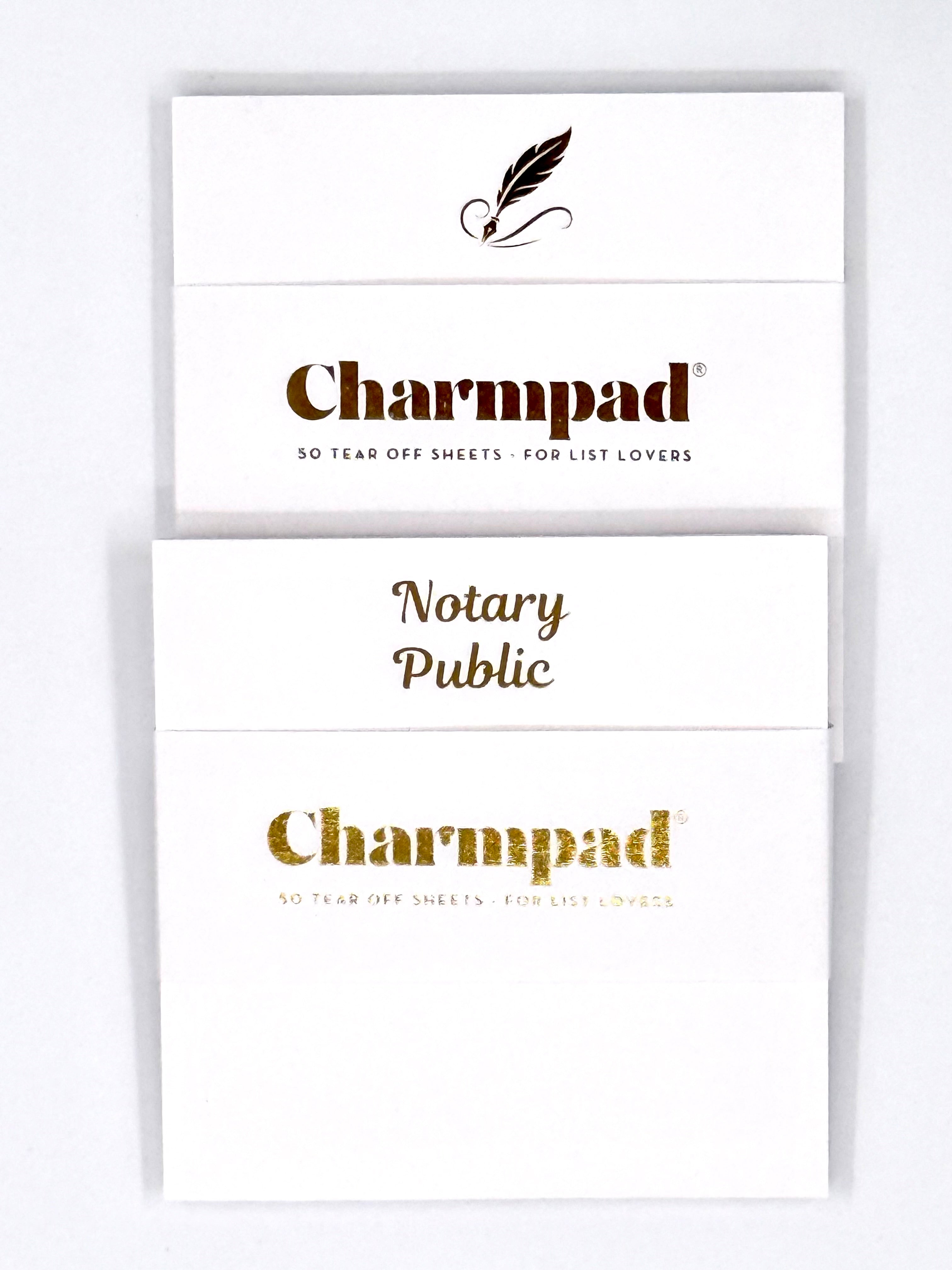 Two Charmpad notepads with text and logos on a white background