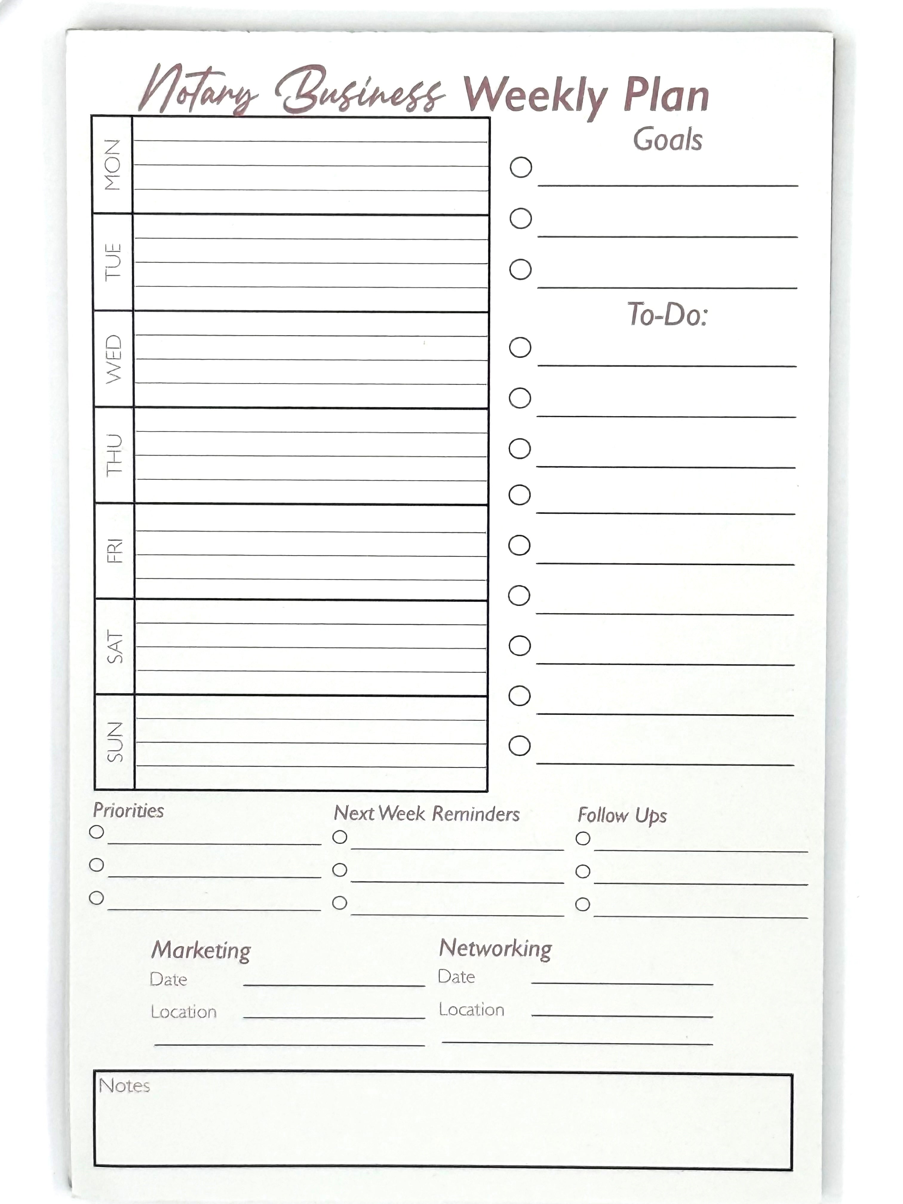 Notary business weekly plan with a to-do list, goals, and various sections for planning activities.