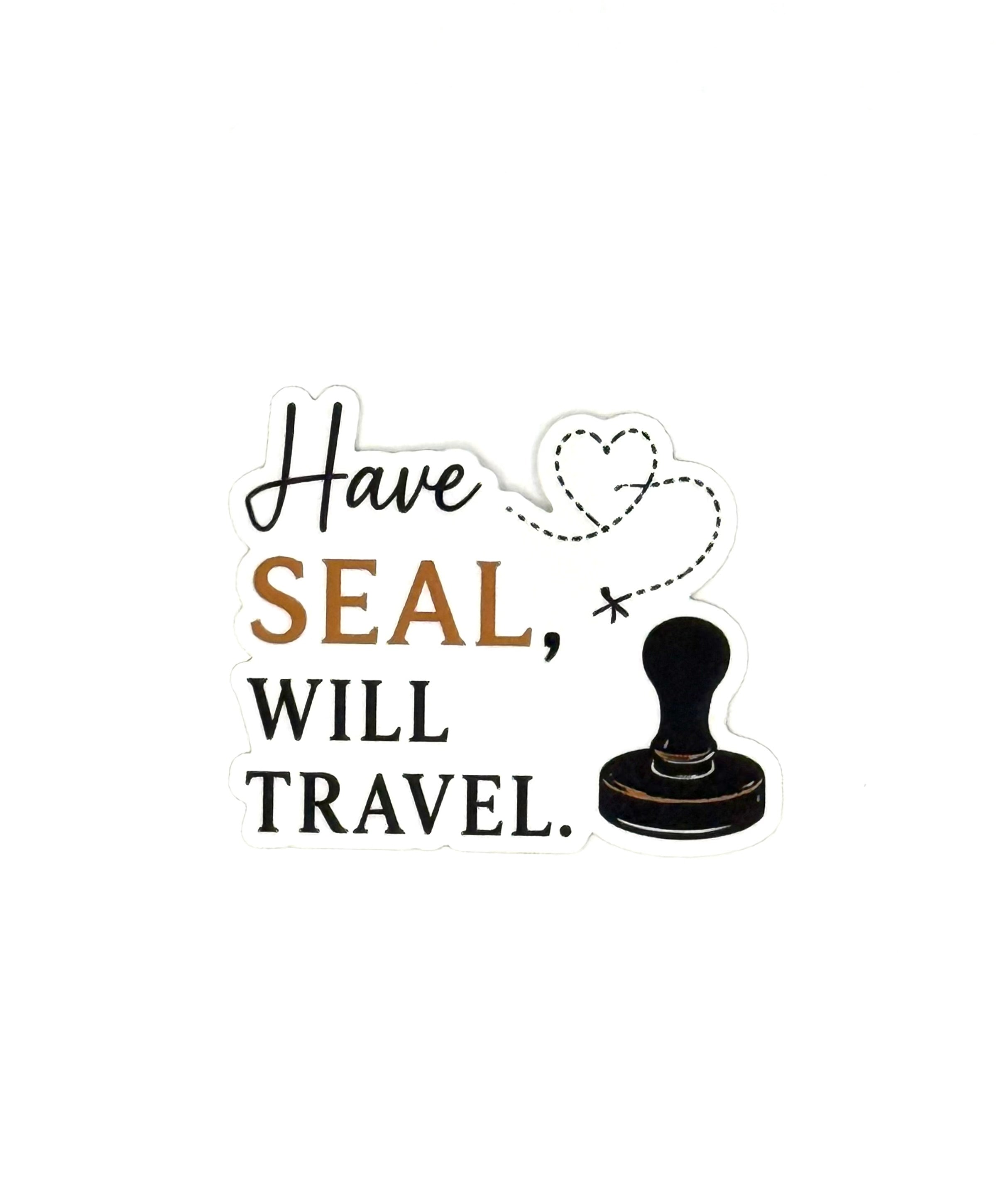 Illustration with text 'Have SEAL, Will Travel' and a stamp icon on a white background