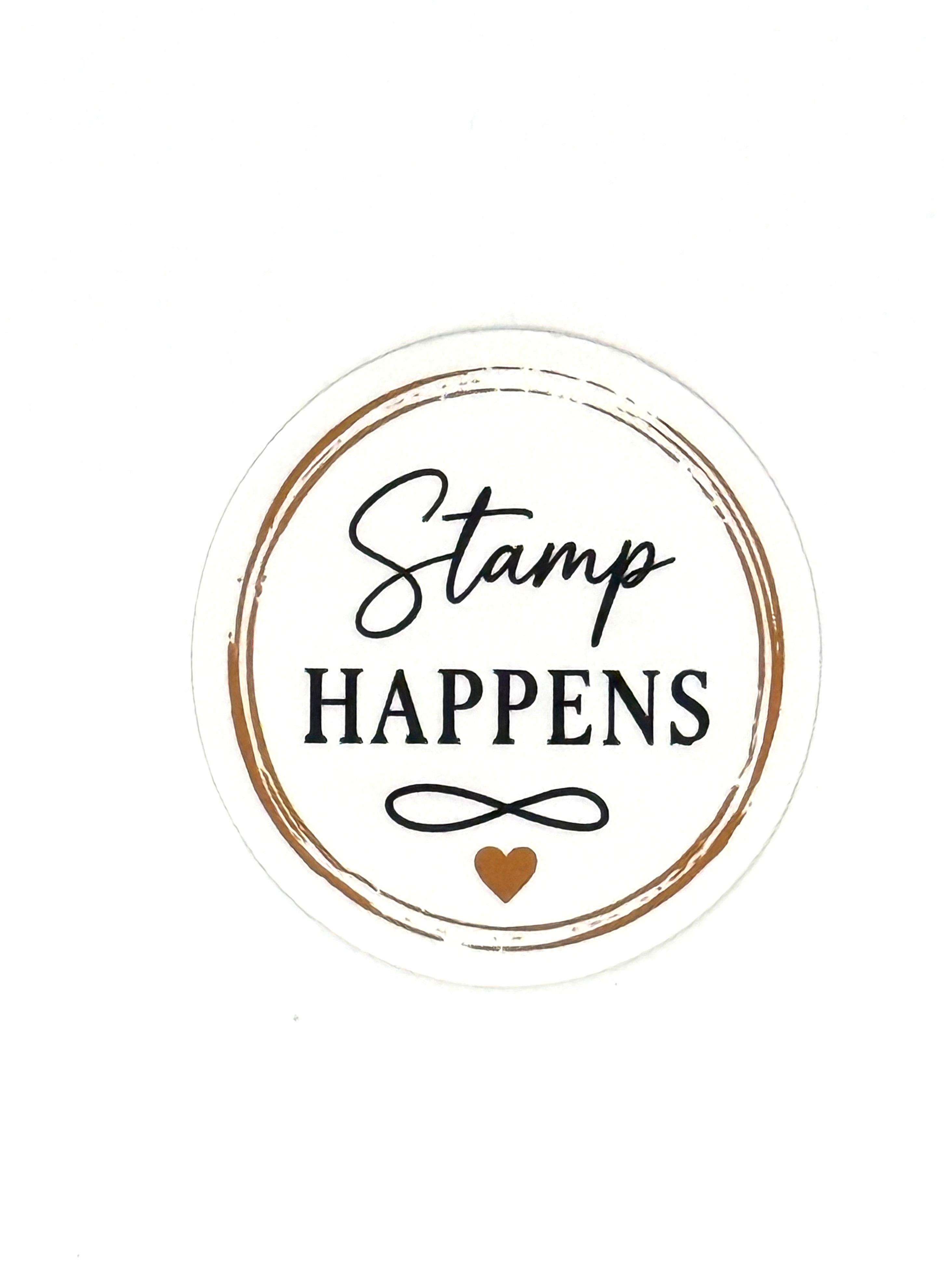 Circular logo with 'Stamp Happens' text on a white background