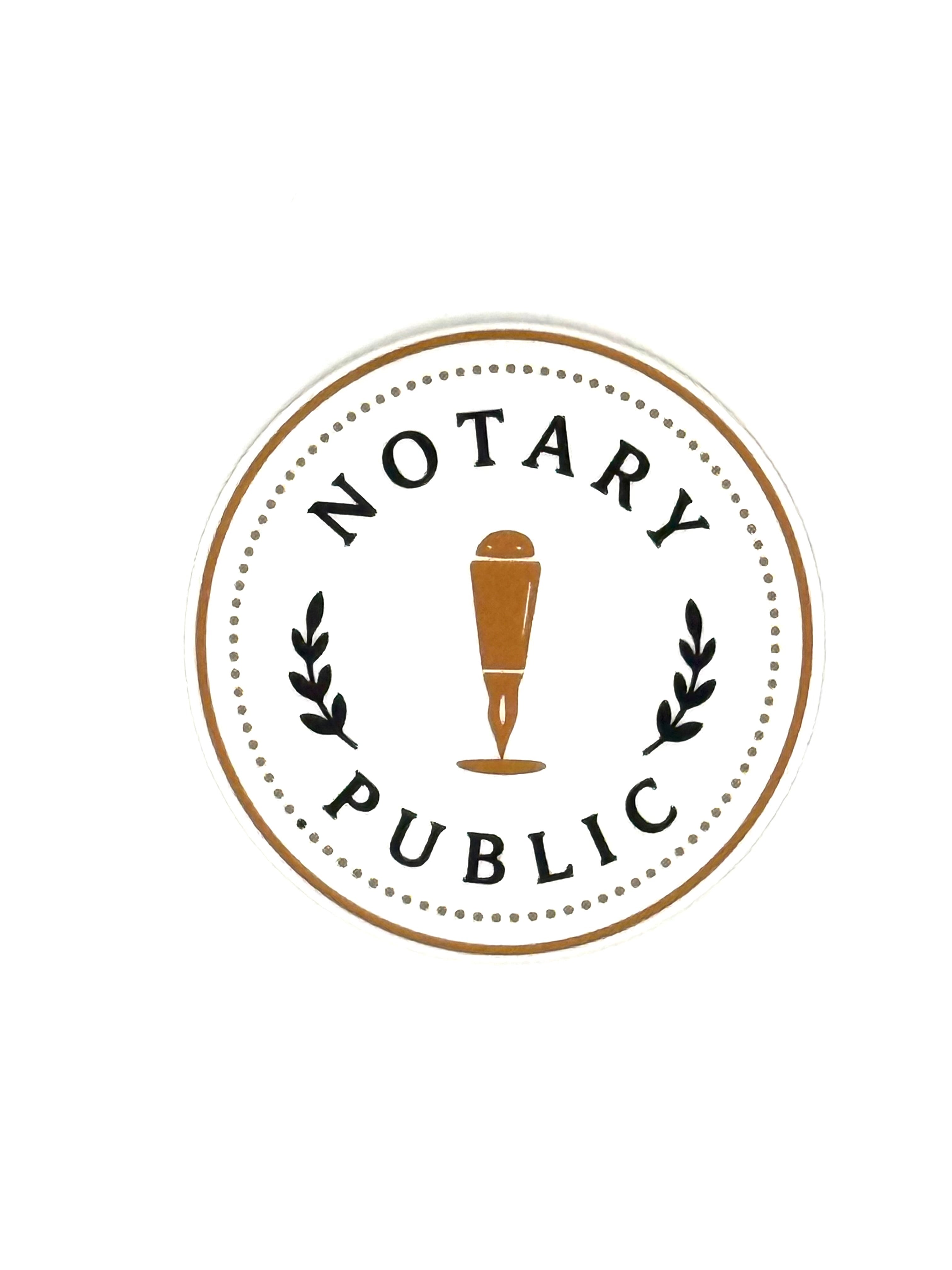 Logo for a notary public service with a design element resembling a seal.