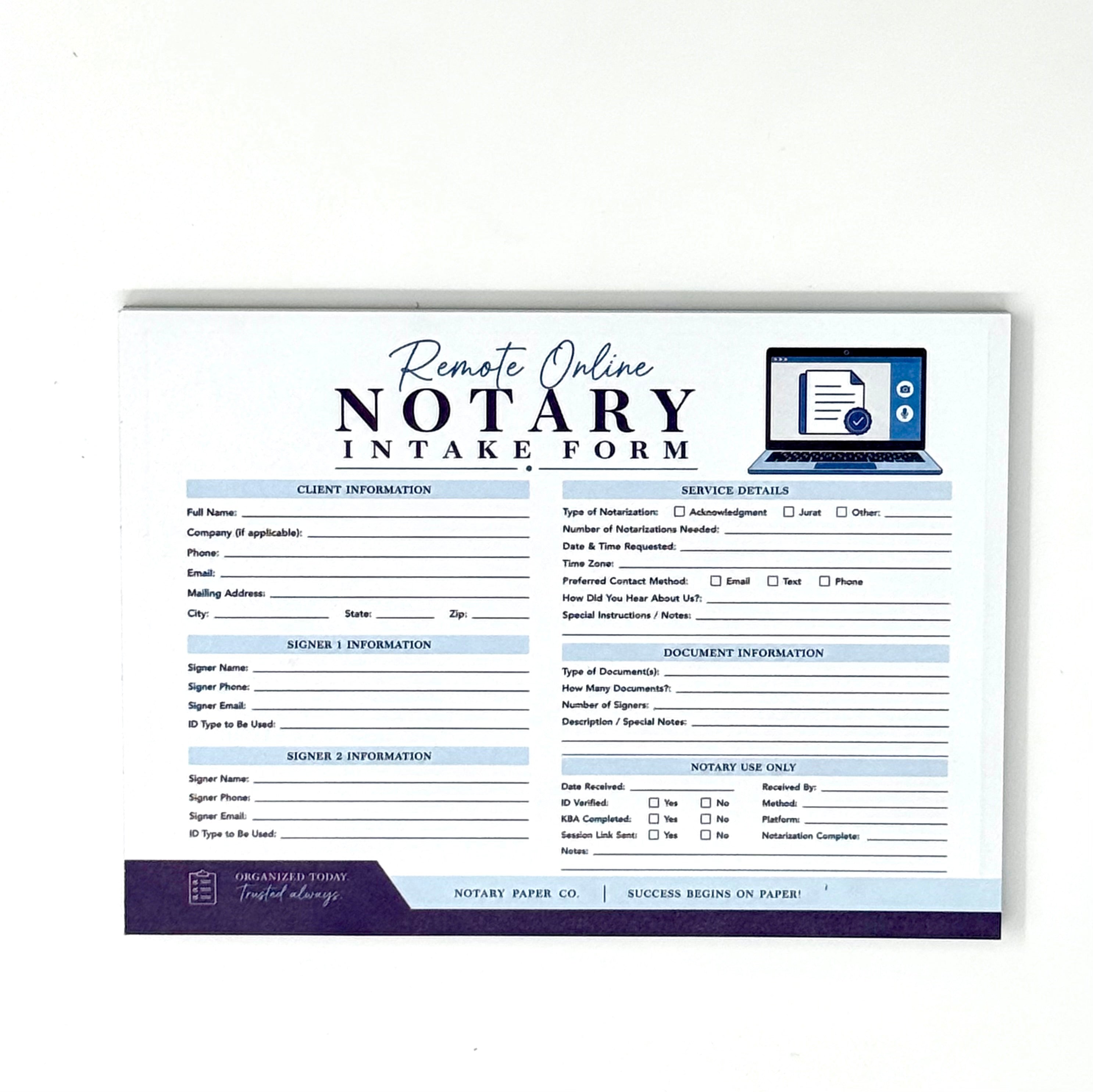 Remote Online Notary Intake Form (50 Sheets | 7" × 5")