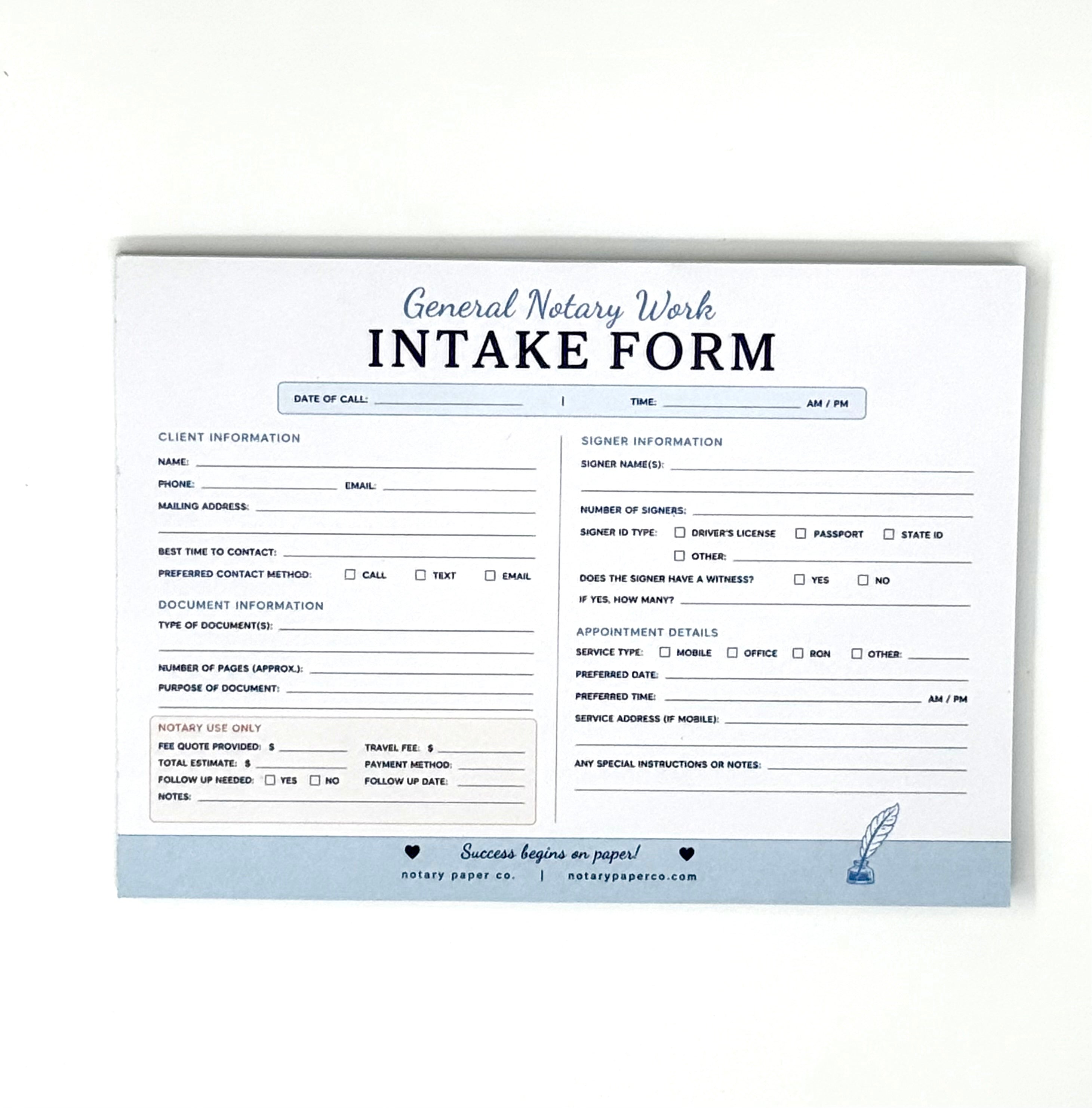 General Notary Work Intake Form (50 Pages | 7" x 5")
