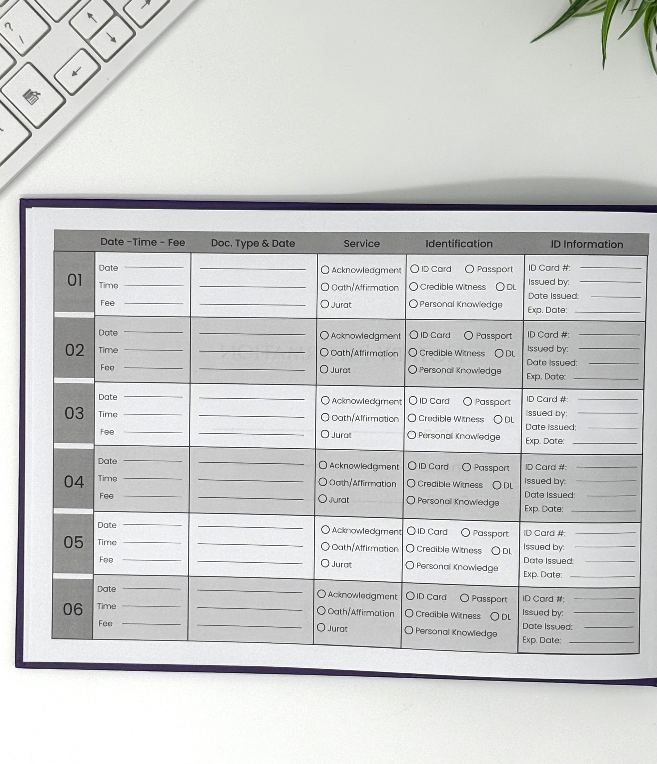 A printed document template or receipt sheet with columns for date, time, fee, document type and date, service identification, and ID information, shown on a white desk with part of a keyboard and a plant visible.