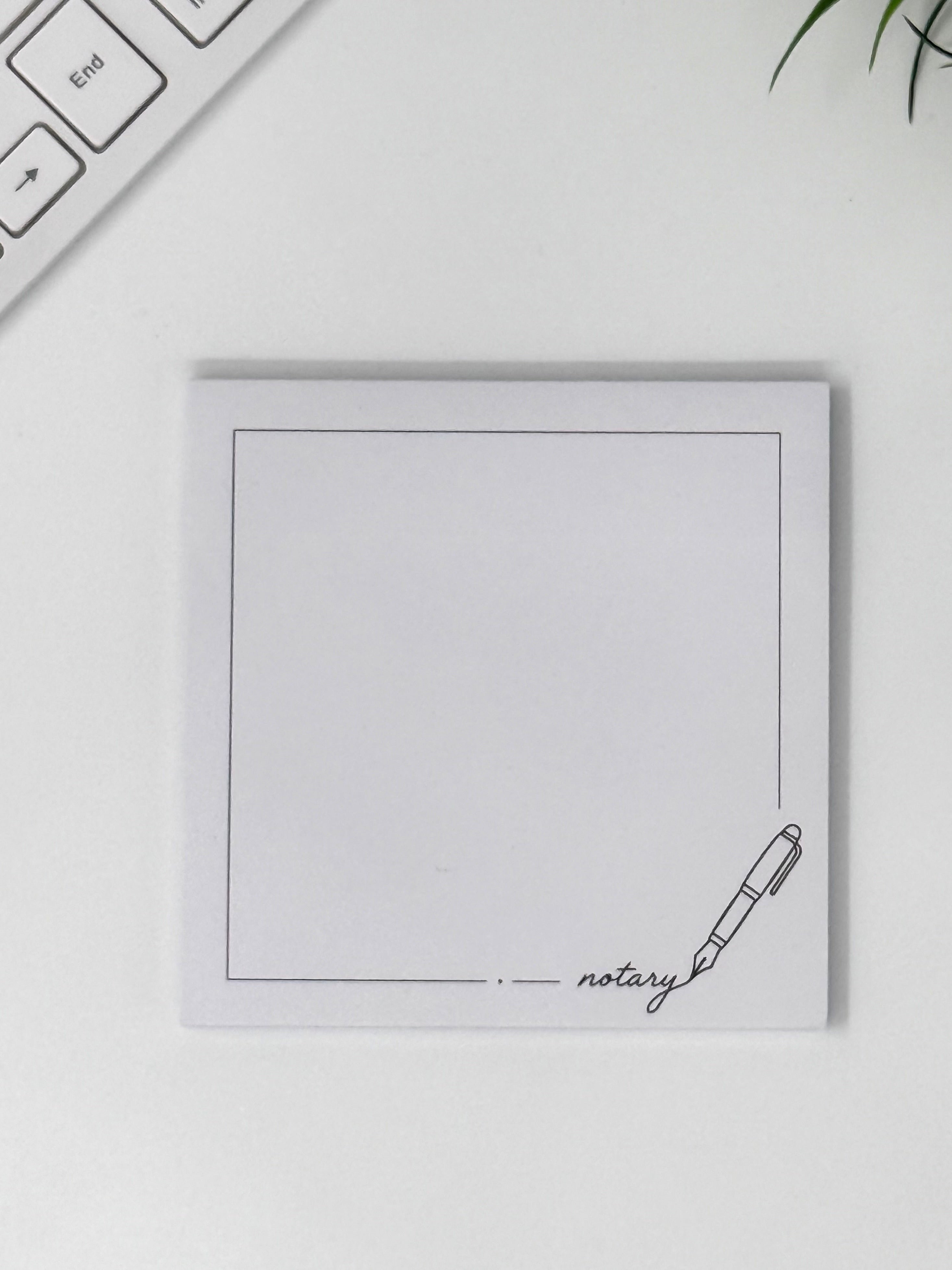 Notary sticky note pad with fountain pen illustration and border