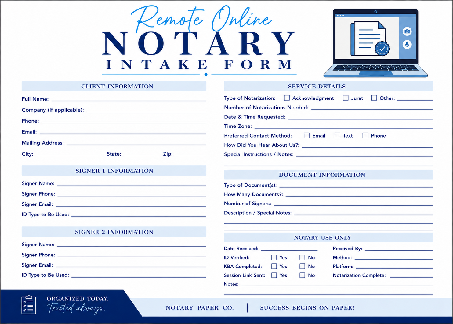 Remote Online Notary Intake Form (50 Sheets | 7" × 5")