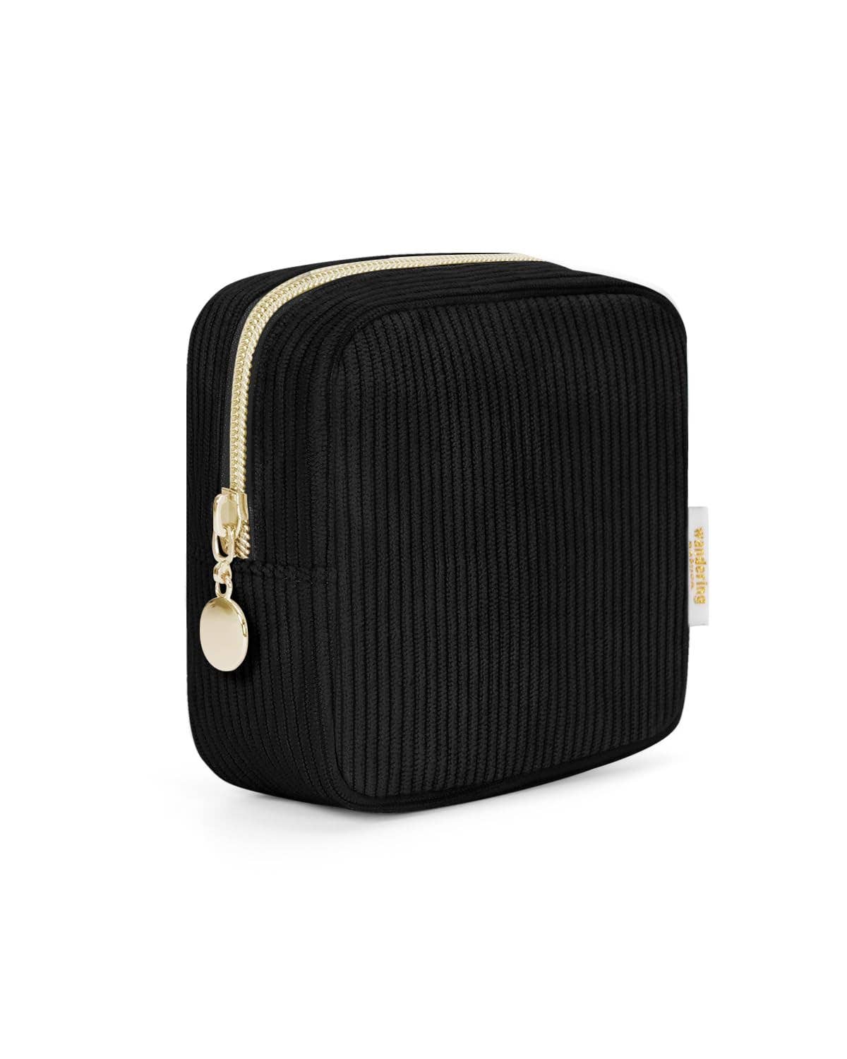 Black ribbed rectangular pouch with gold zipper on a white background