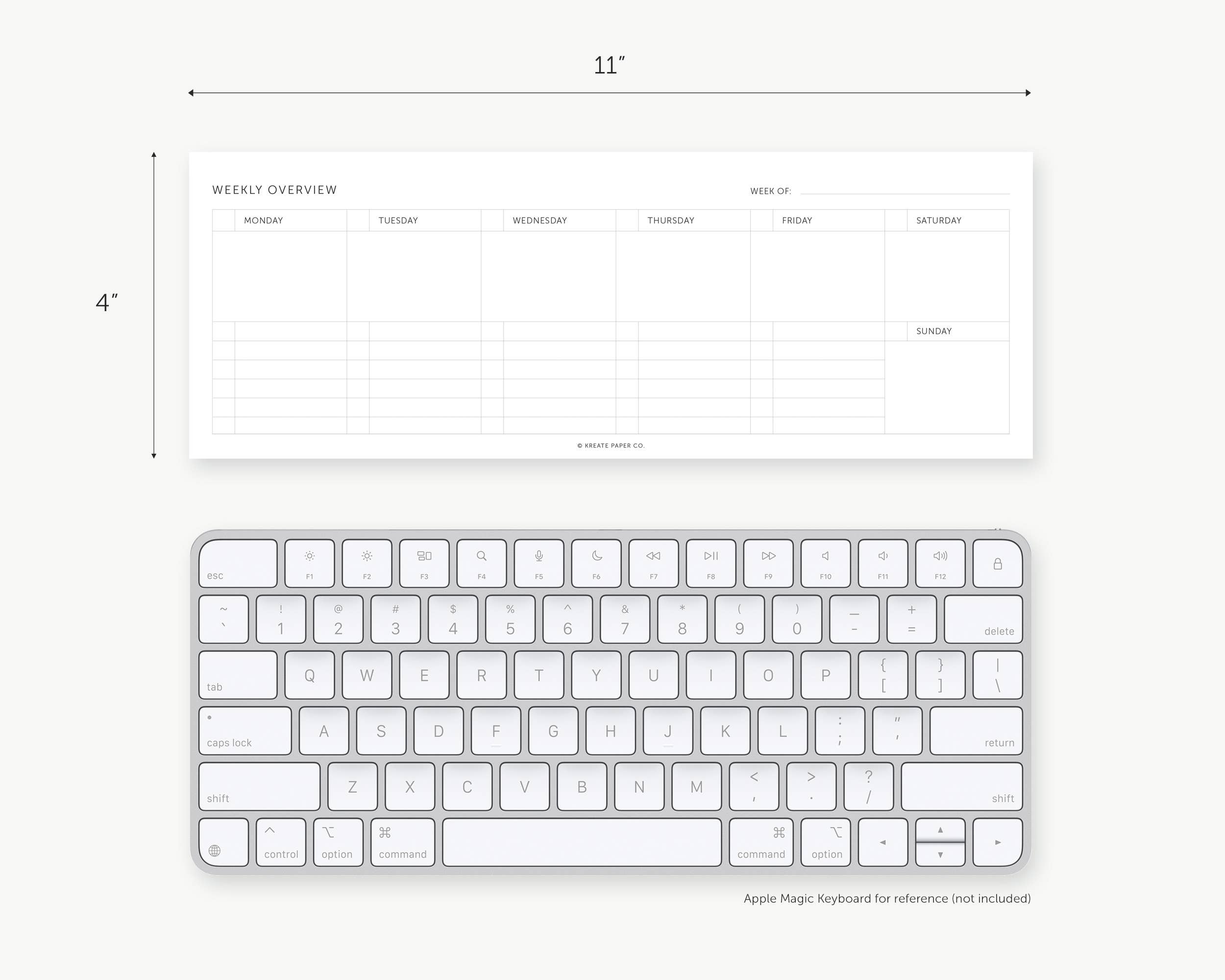 Keyboard with dimensions labeled on a white background
