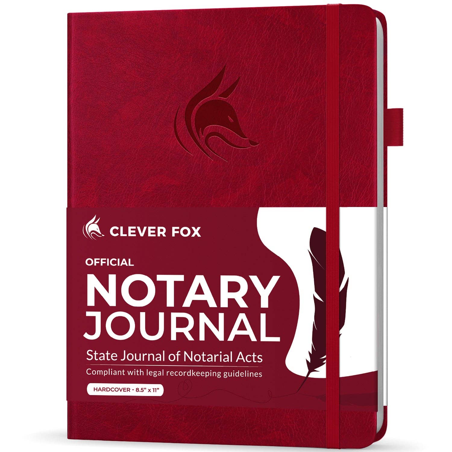 A red hardcover notary journal by Clever Fox, featuring a debossed fox head logo and a white-and-red front cover with the text 'Official Notary Journal'.