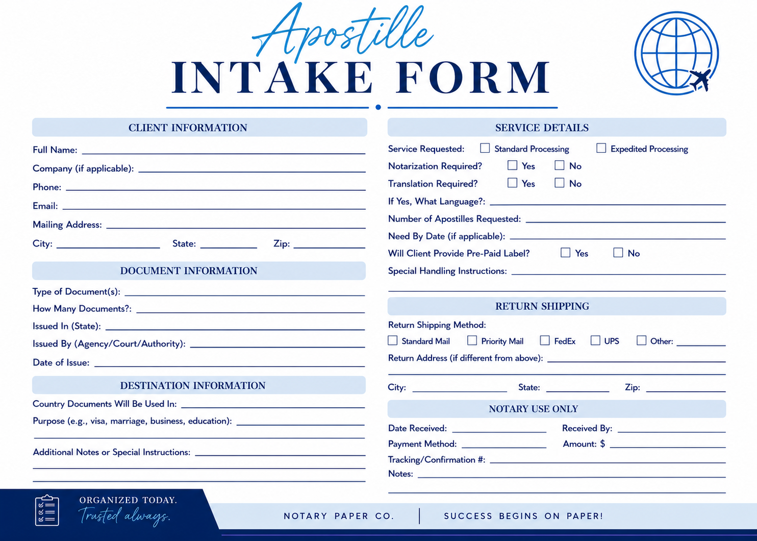 Apostille Intake Form (50 Sheets | 7" × 5")