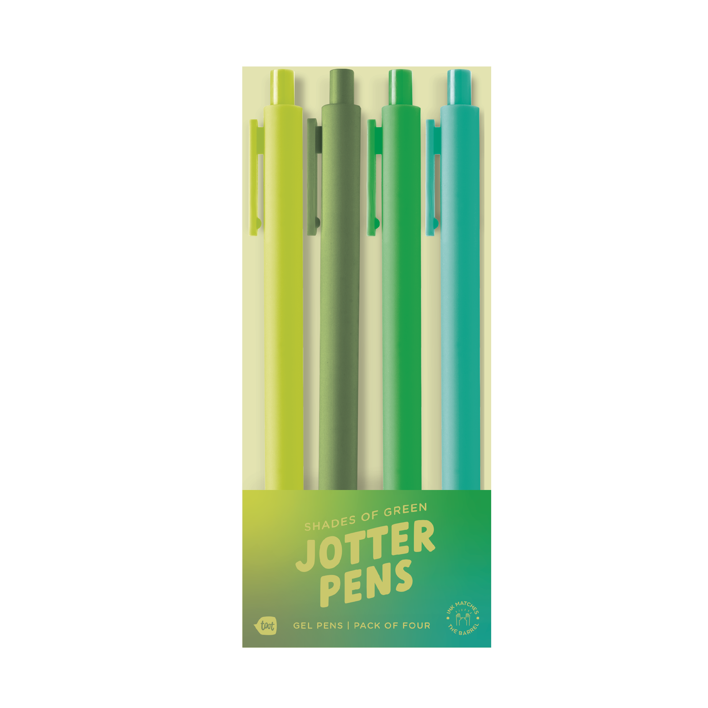 Pack of four green jotter pens with a visible brand logo on a white background